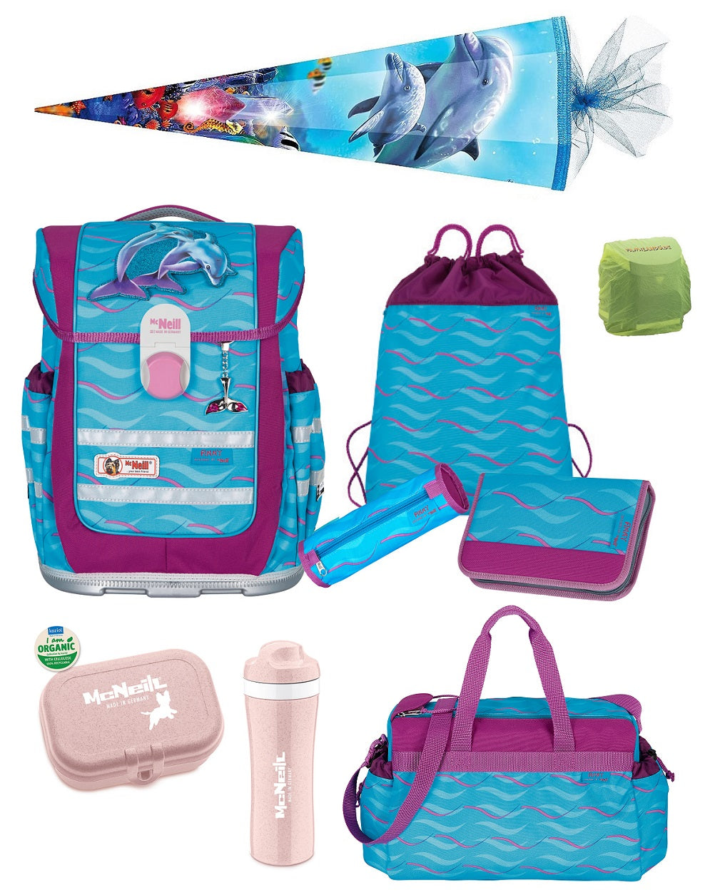 McNeill Ergo Complete Schulranzen Set FINNY Delfin · Ergonomisch, große Schultasche 20 Liter · Brust-, Schultergurt & Rückenbett verstellbar