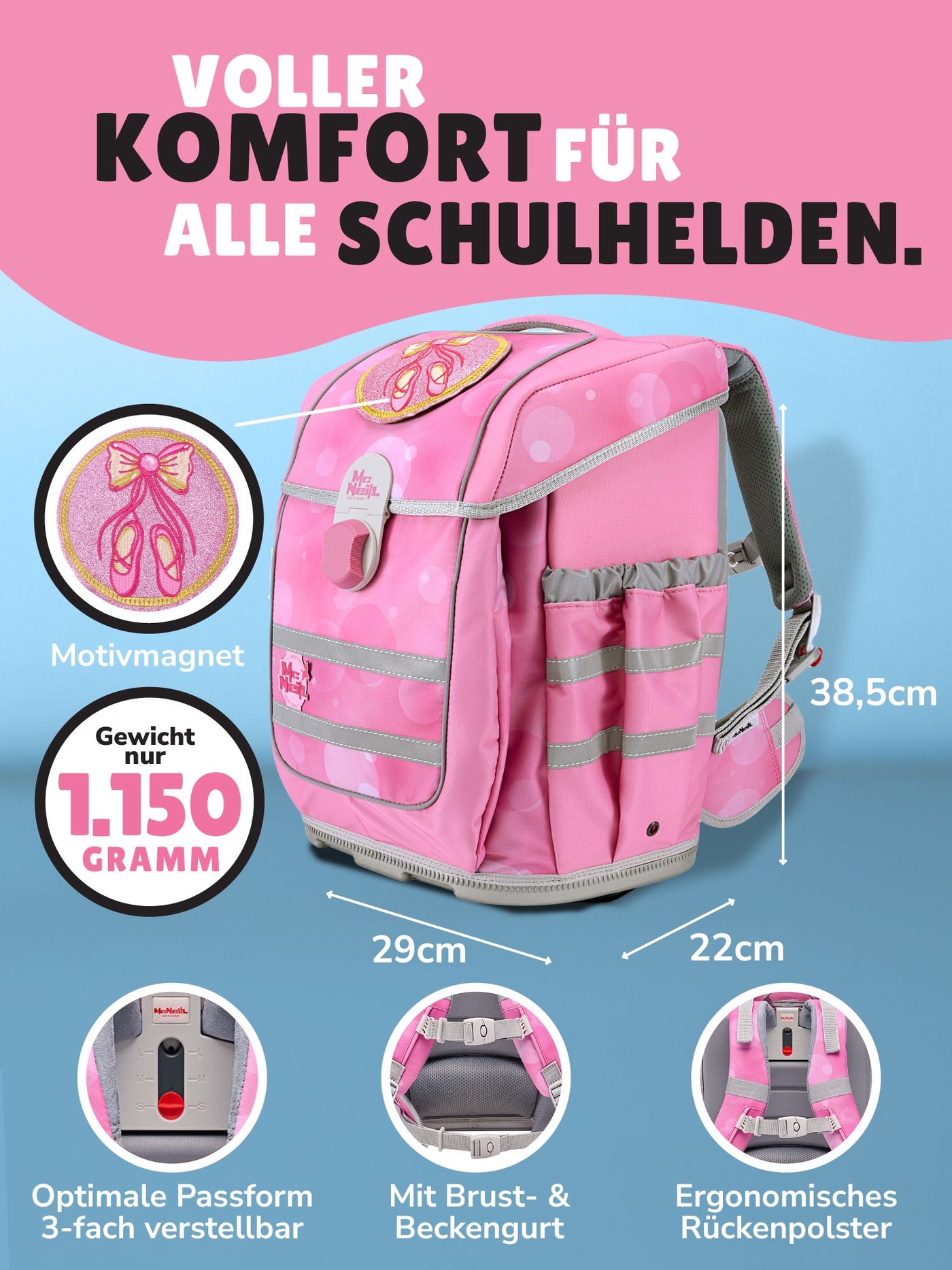 McNeill Ballett Schulranzen Ergo Complete mit Motivmagnet in Rosa Frontansicht