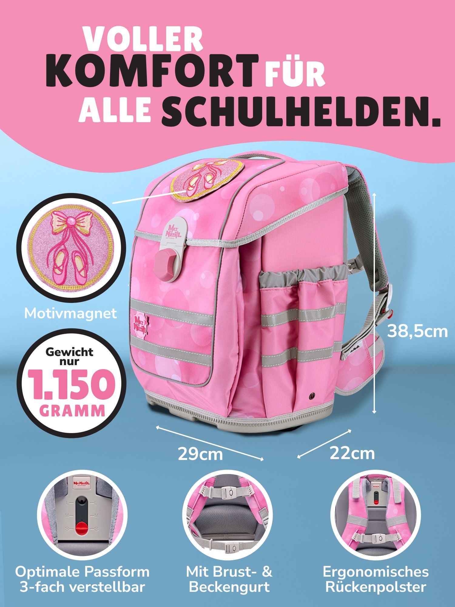 McNeill Ballett Schulranzen Ergo Complete mit Motivmagnet in Rosa Frontansicht