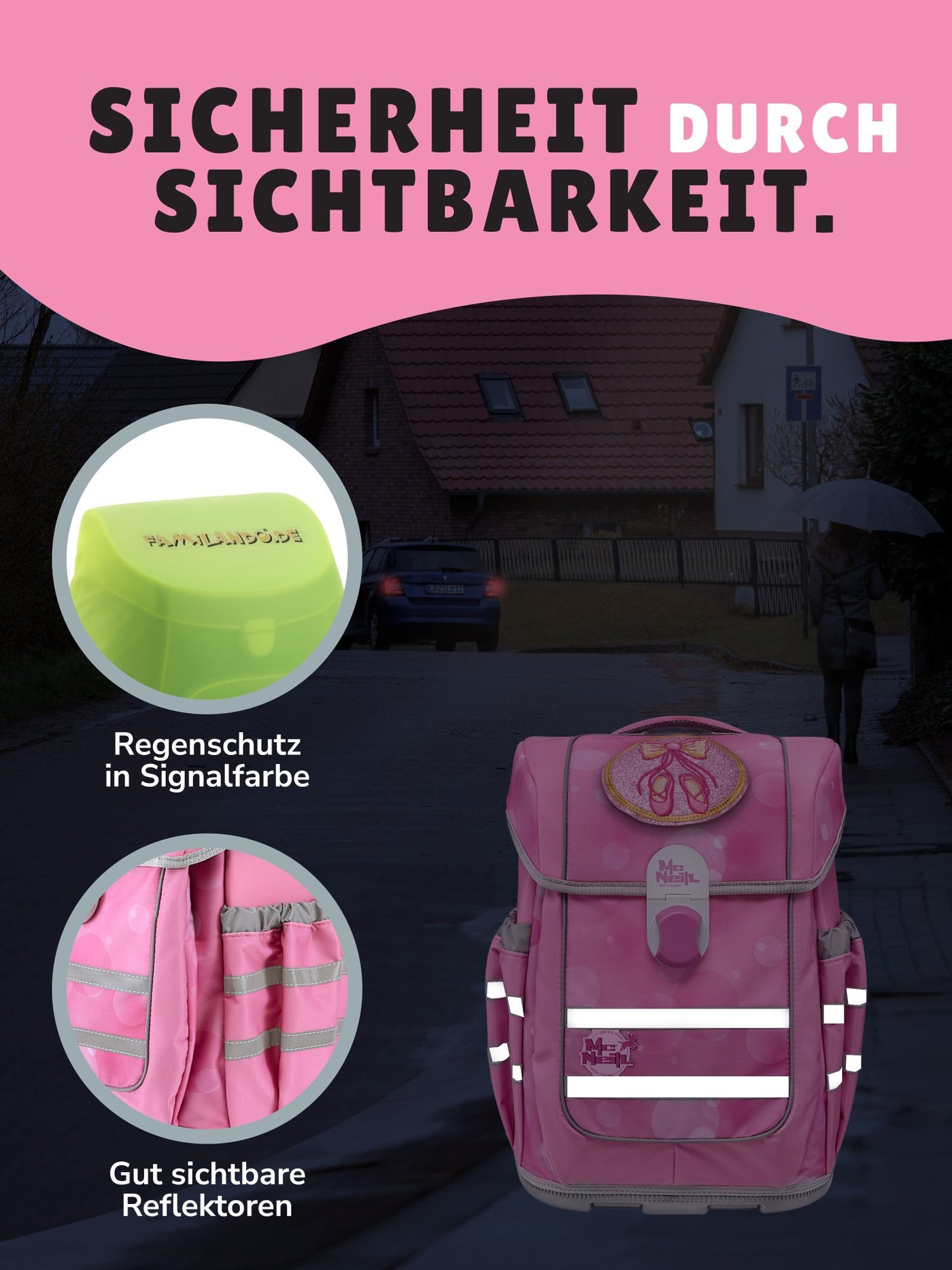 McNeill Ballerina Schultasche Rosa mit Refklektoren und Magnet-Schloss