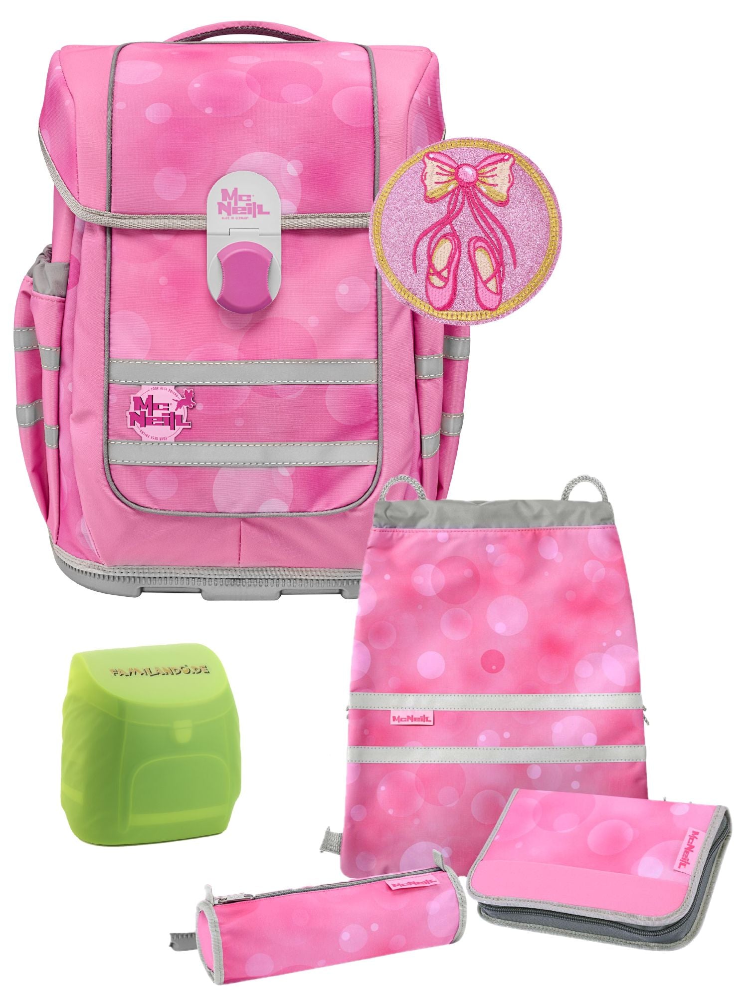 McOcean Girly Ballerina Schulranzen Set 6-teilig mit Federmappe und Regenschutz-Hülle