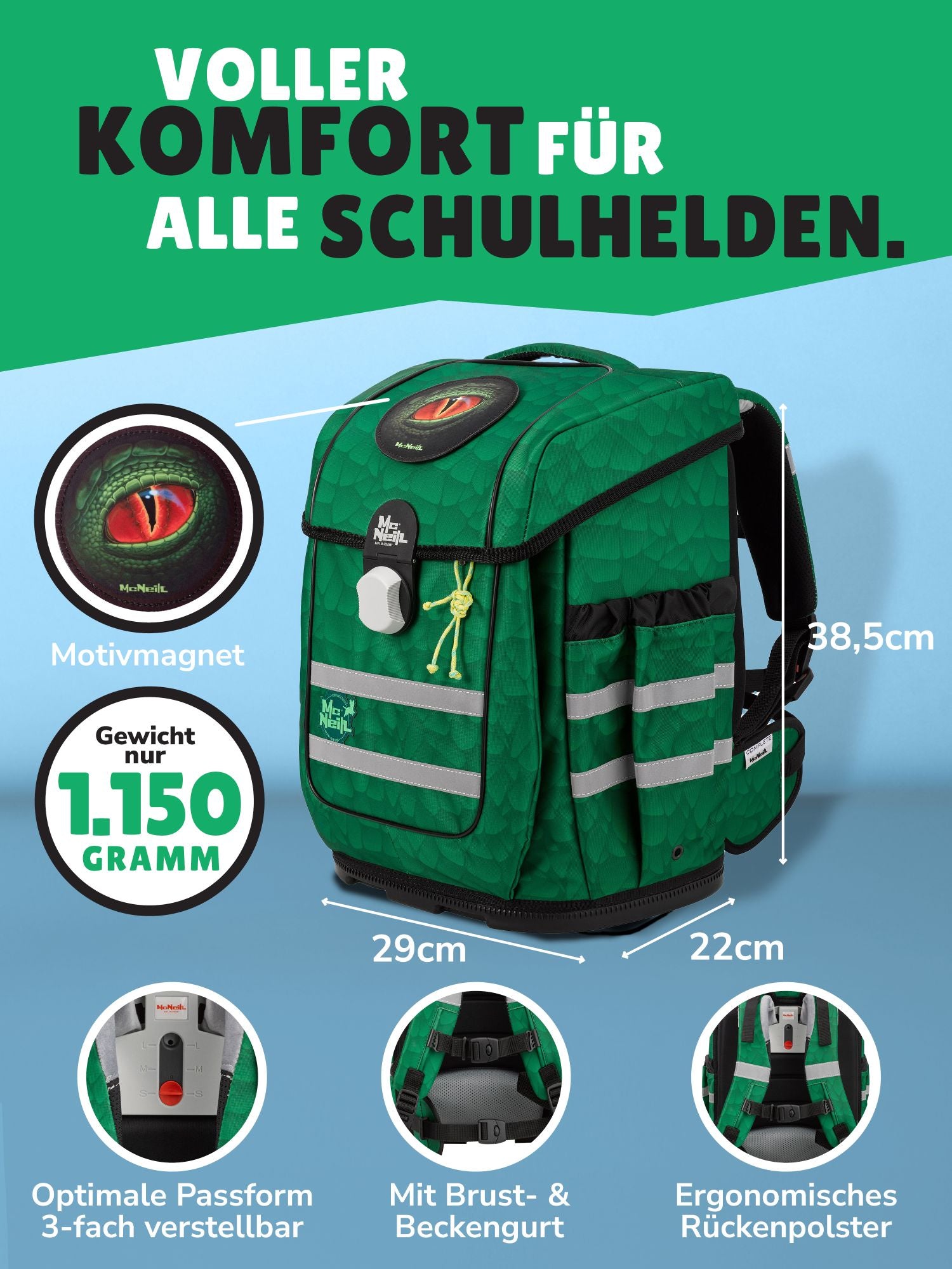 McNeill Schulranzen Ergo Complete mit Motivmagnet in Grün Frontansicht