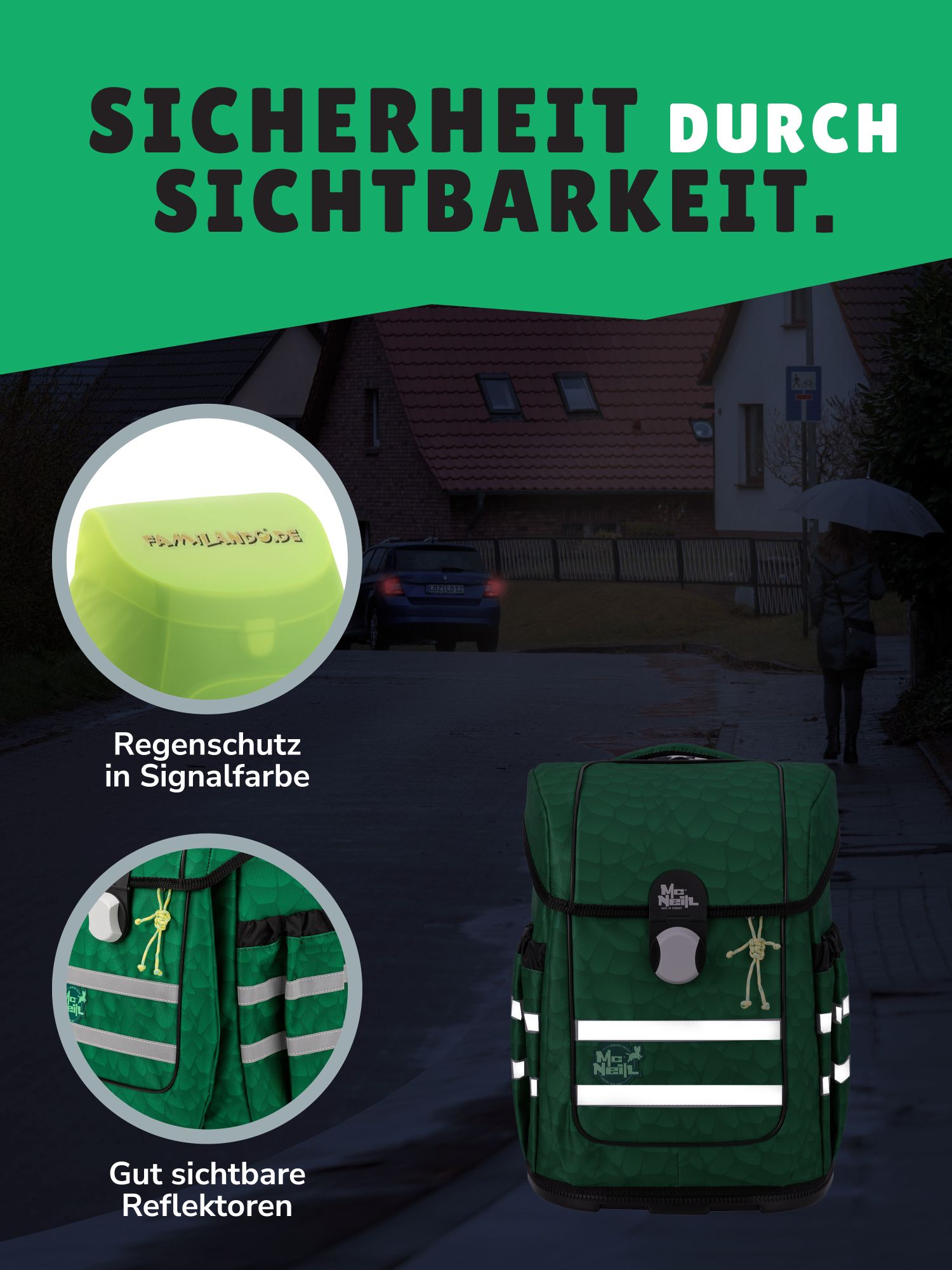 Grüner McNeill Schulranzen Ergo Complete Innenansicht mit extra Fach und zusätzlichem Frontfach