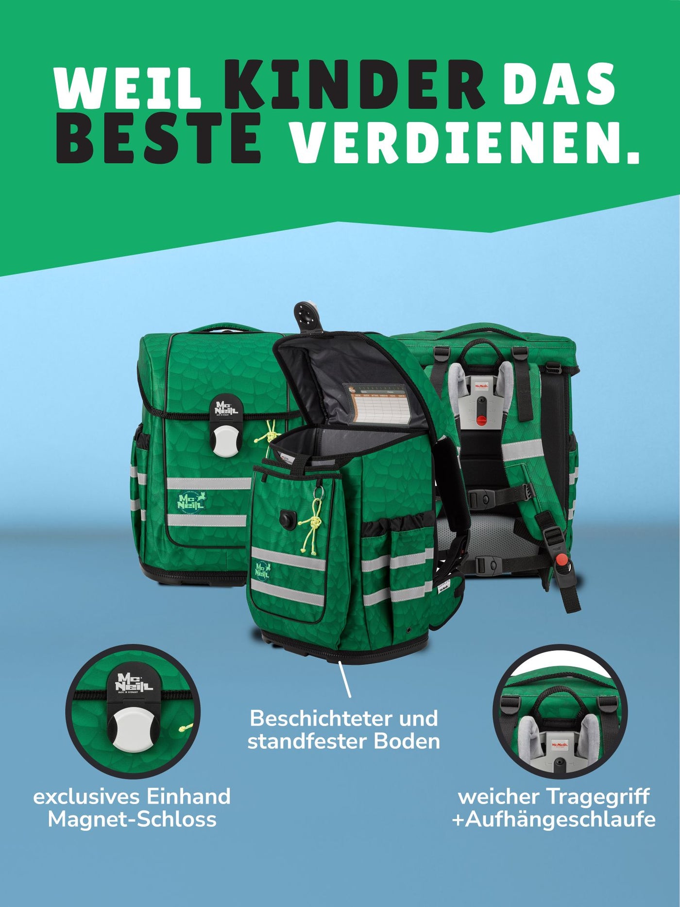 McNeill Schulranzen Ergo Complete Rückansicht mit verstellbaren Schultergurten Rückenpolster und Hüftgurt