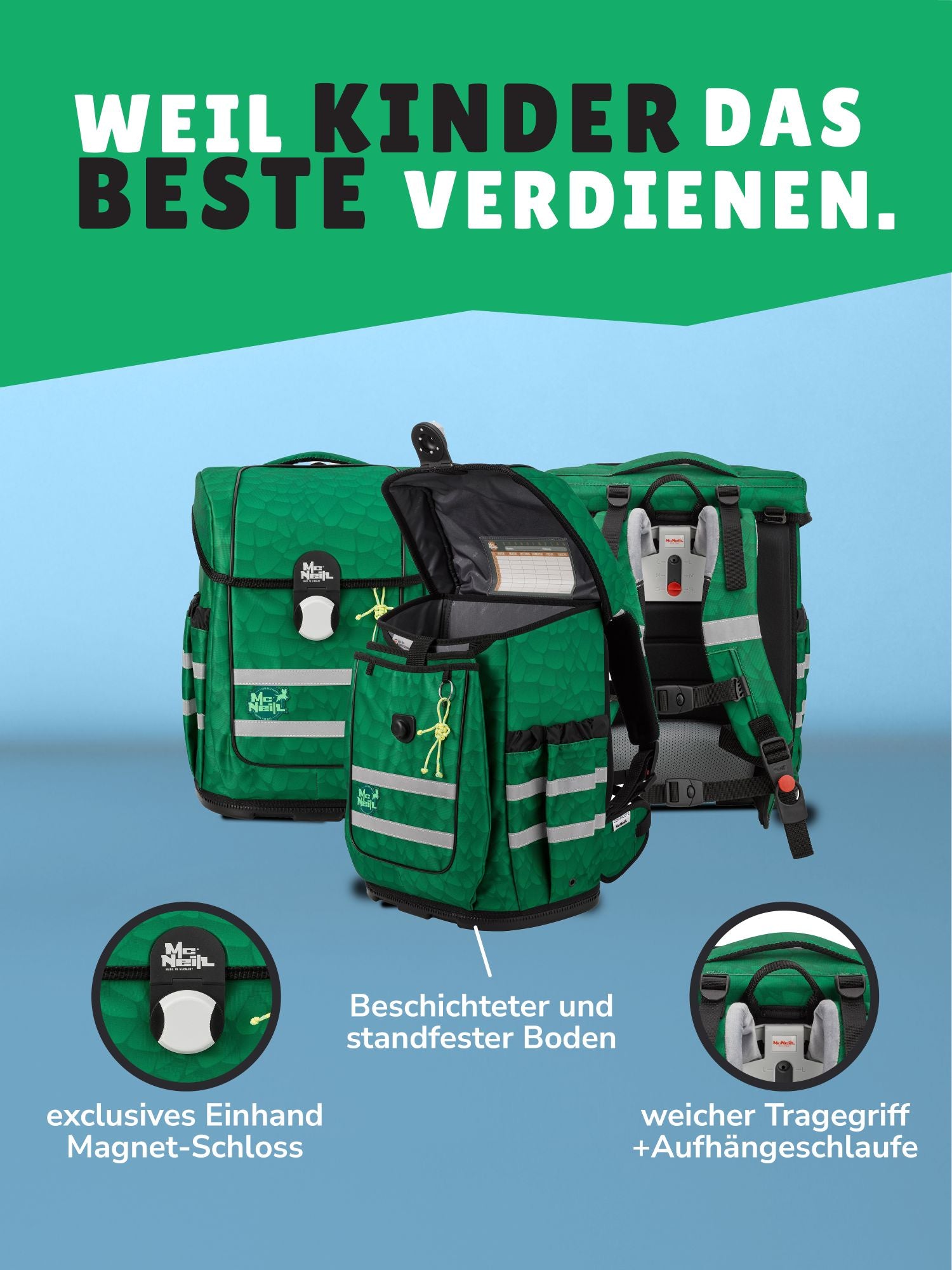 McNeill Schulranzen Ergo Complete Rückansicht mit verstellbaren Schultergurten Rückenpolster und Hüftgurt