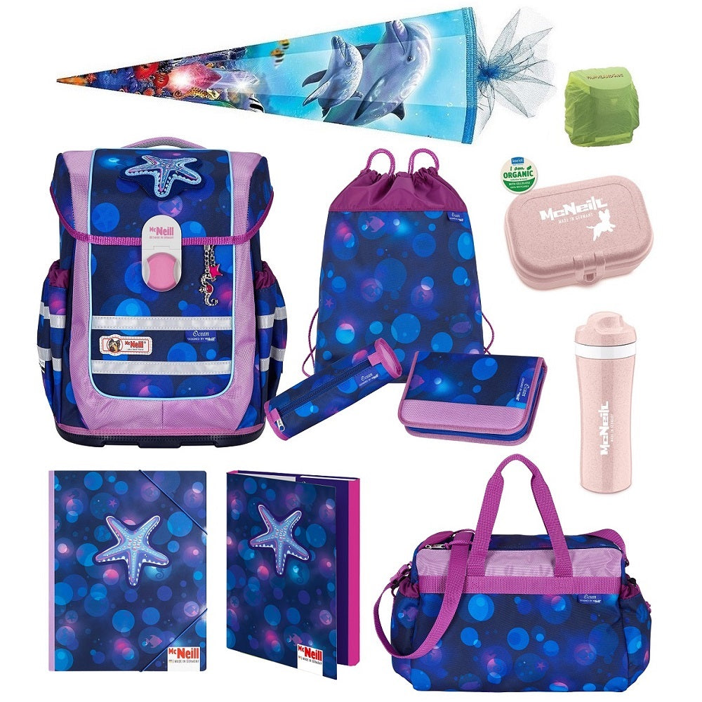McNeill Ergo Complete Schulranzen Set Ocean mit Seestern Motivmagnet für Mädchen ab der 1. Klasse