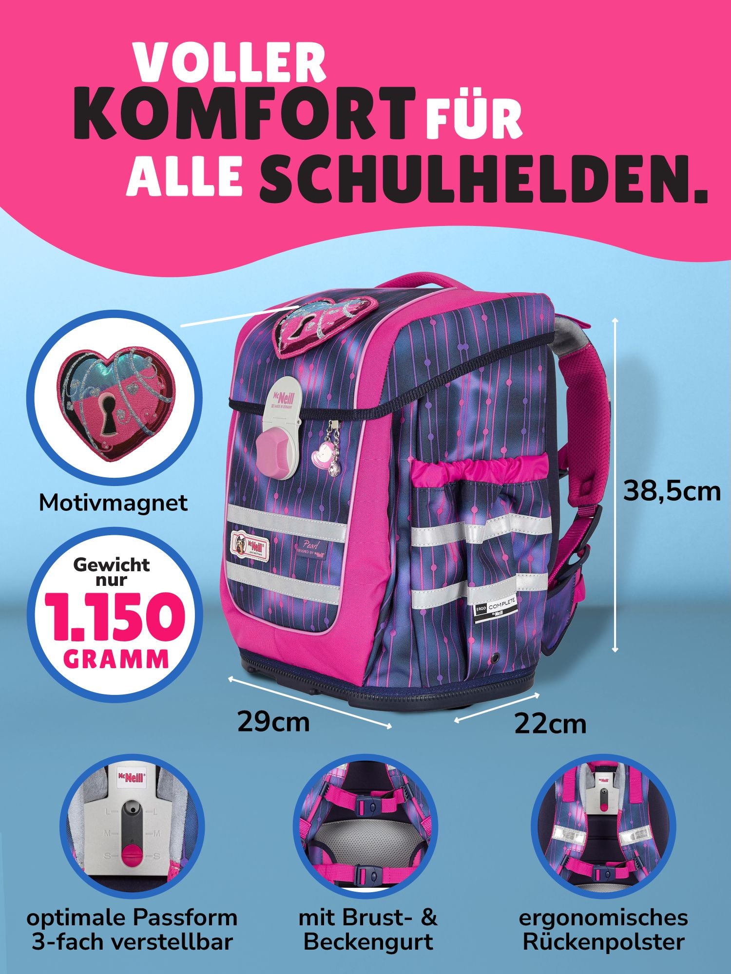 McNeill Schulranzen Ergo Complete Pearl in Rosa Violett Lila Mädchen Schultasche ab 1. Klasse