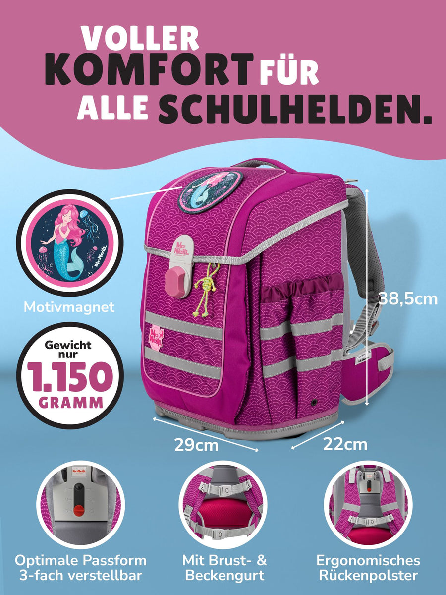 McNeill Schulranzen McOcean Puntopink · Ergonomische große Schultasche für Mädchen · Einschulungs-Set für die 1. bis 4. Klasse