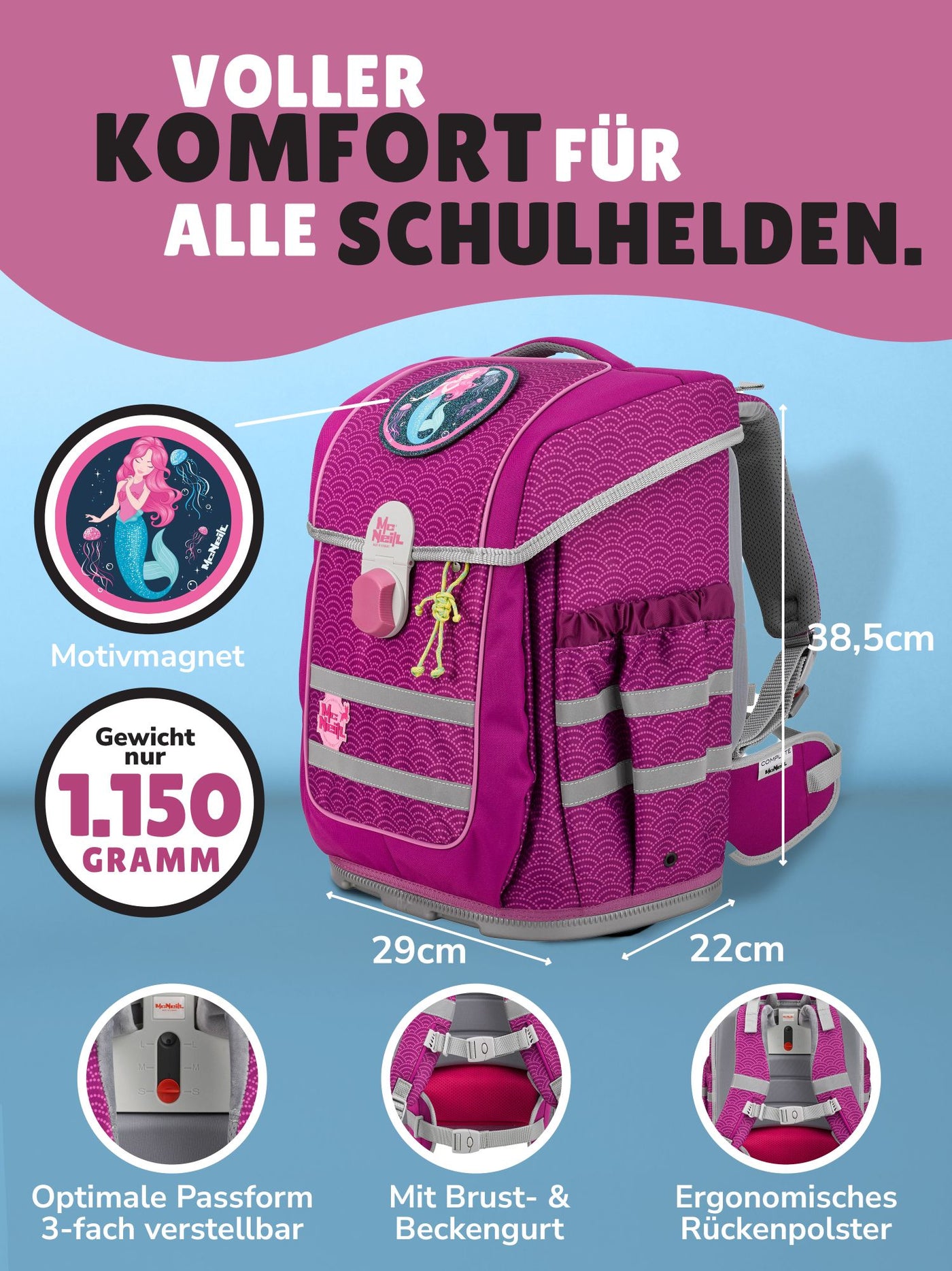 McOcean Schulranzen Set Puntopink, lila - McNeill Meerjungfrau Schultasche ab 1. Klasse