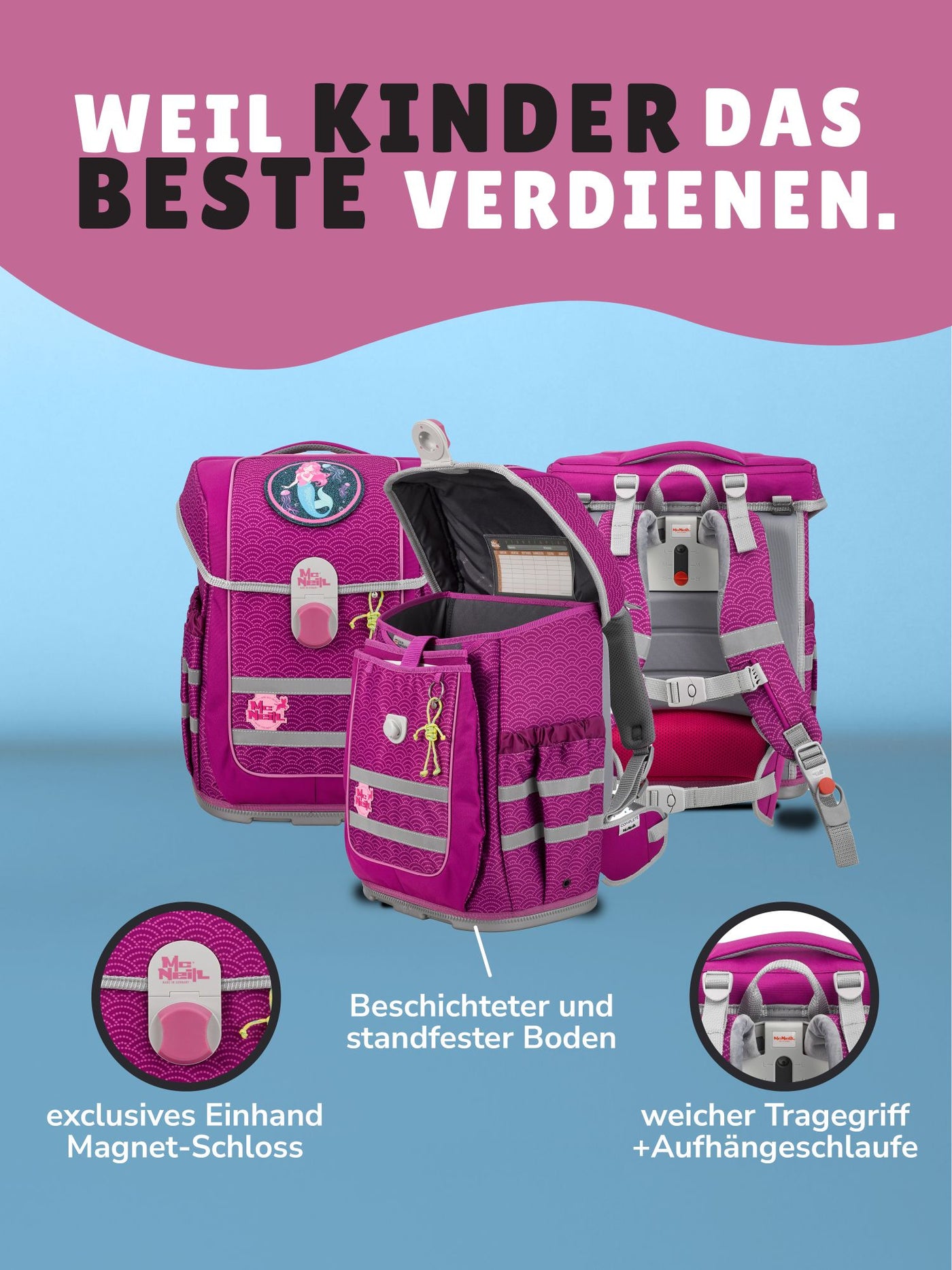 McNeill Schulranzen Ergo Complete Rückansicht mit verstellbaren Schultergurten Rückenpolster und Hüftgurt