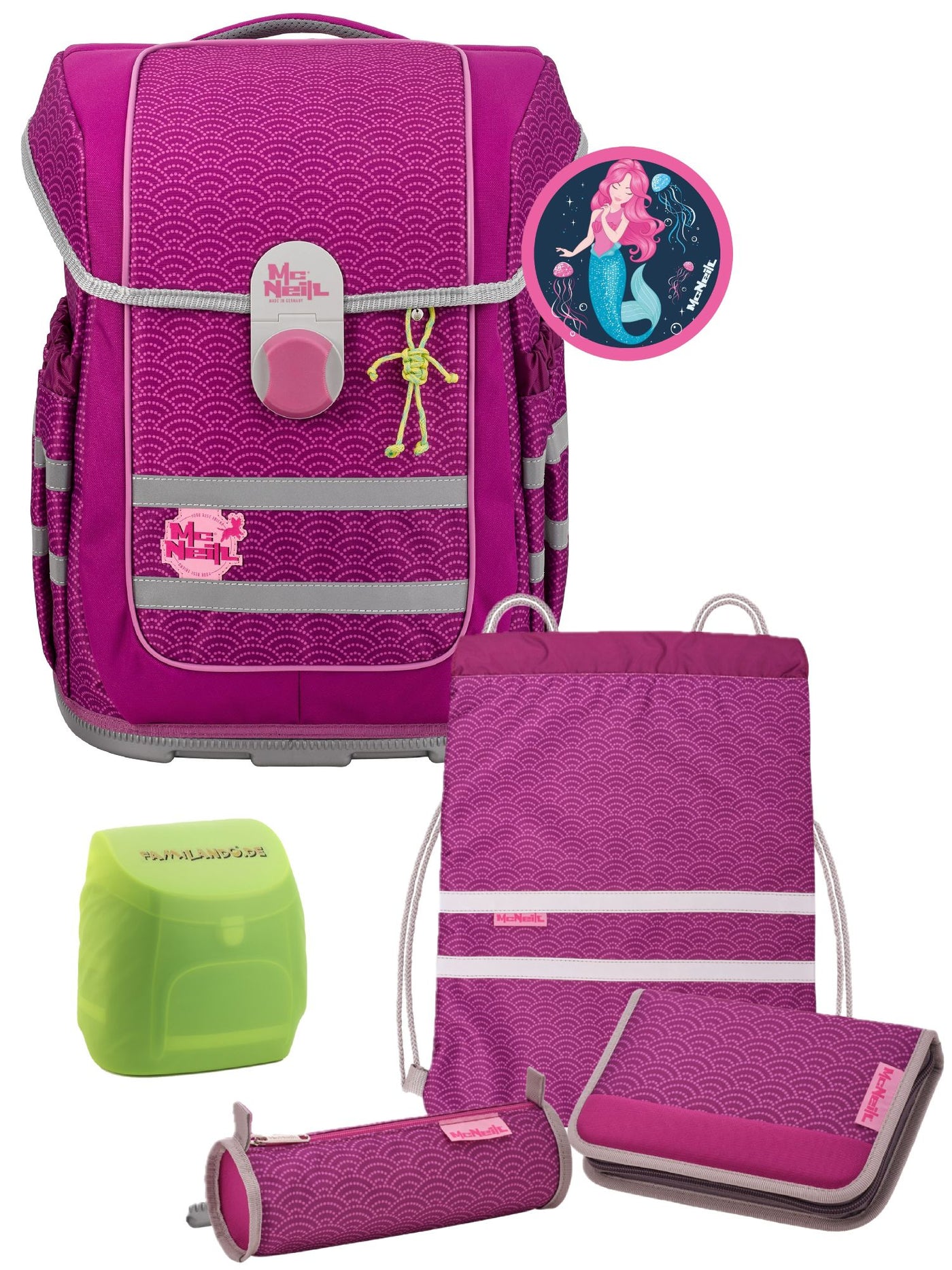 McOcean Puntopink Schulranzen Set 6-teilig mit Federmappe und Regenschutz-Hülle