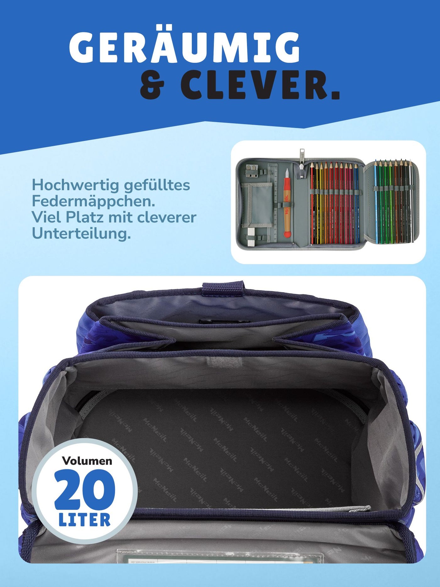 Blauer McNeill Schulranzen Ergo Complete Rückansicht mit verstellbaren Schultergurten Rückenpolster und Hüftgurt