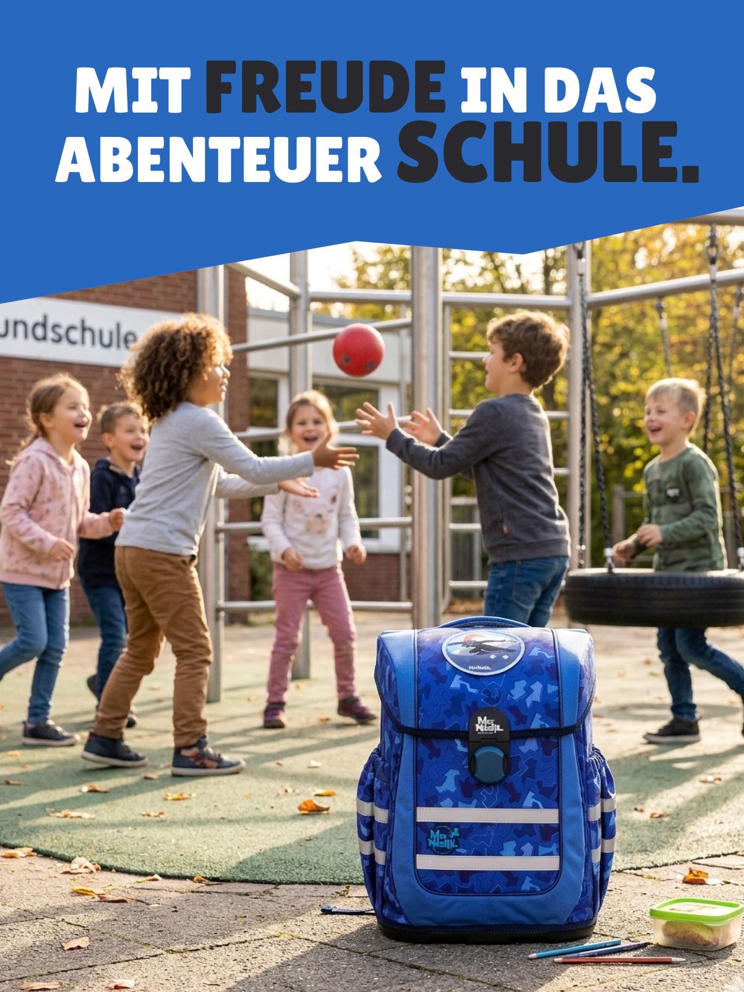 Blauer McNeill Schulranzen Ergo Complete im 5 teiligen Set mit Federmappe, Turnbeutel, Schlamperetui und Motivmagnet