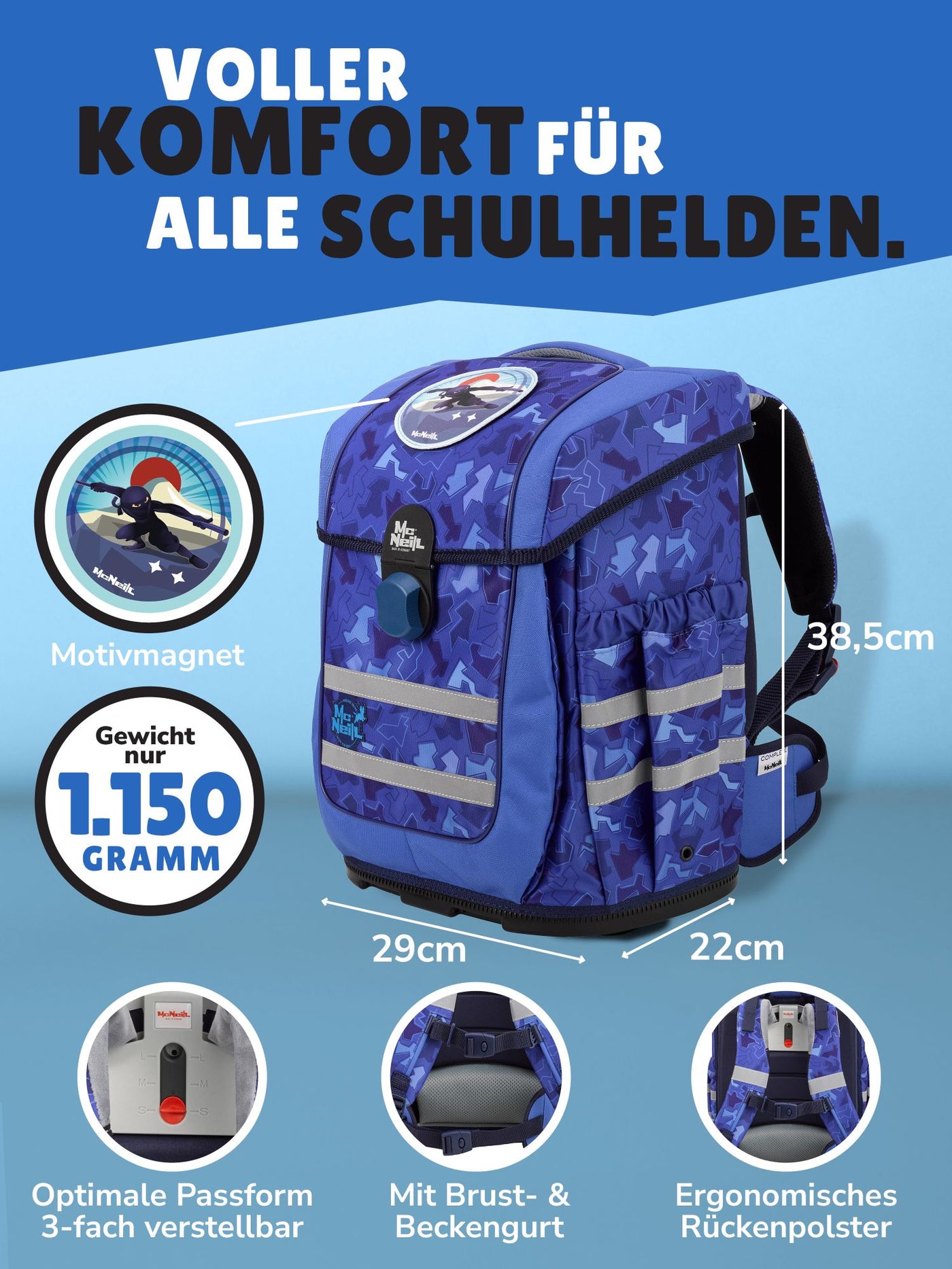 Blauer McNeill Schulranzen Ergo Complete mit Ninja Motivmagnet Frontansicht