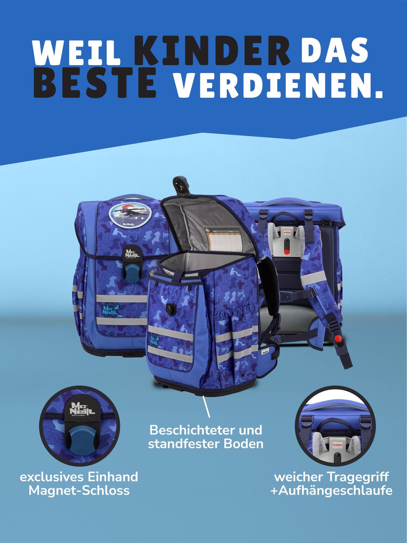 Detailansicht Schlüsselanhänger und Verschluss des McNeill Schulranzen Ergo Complete