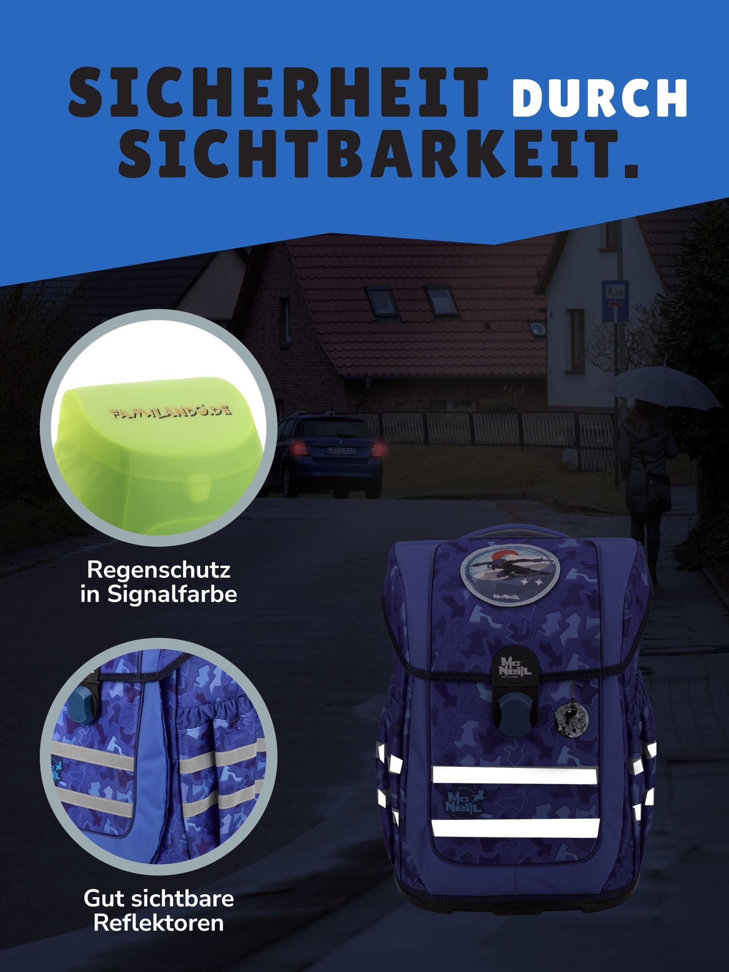 Blauer McNeill Schulranzen Ergo Complete Innenansicht mit extra Fach und zusätzlichem Frontfach