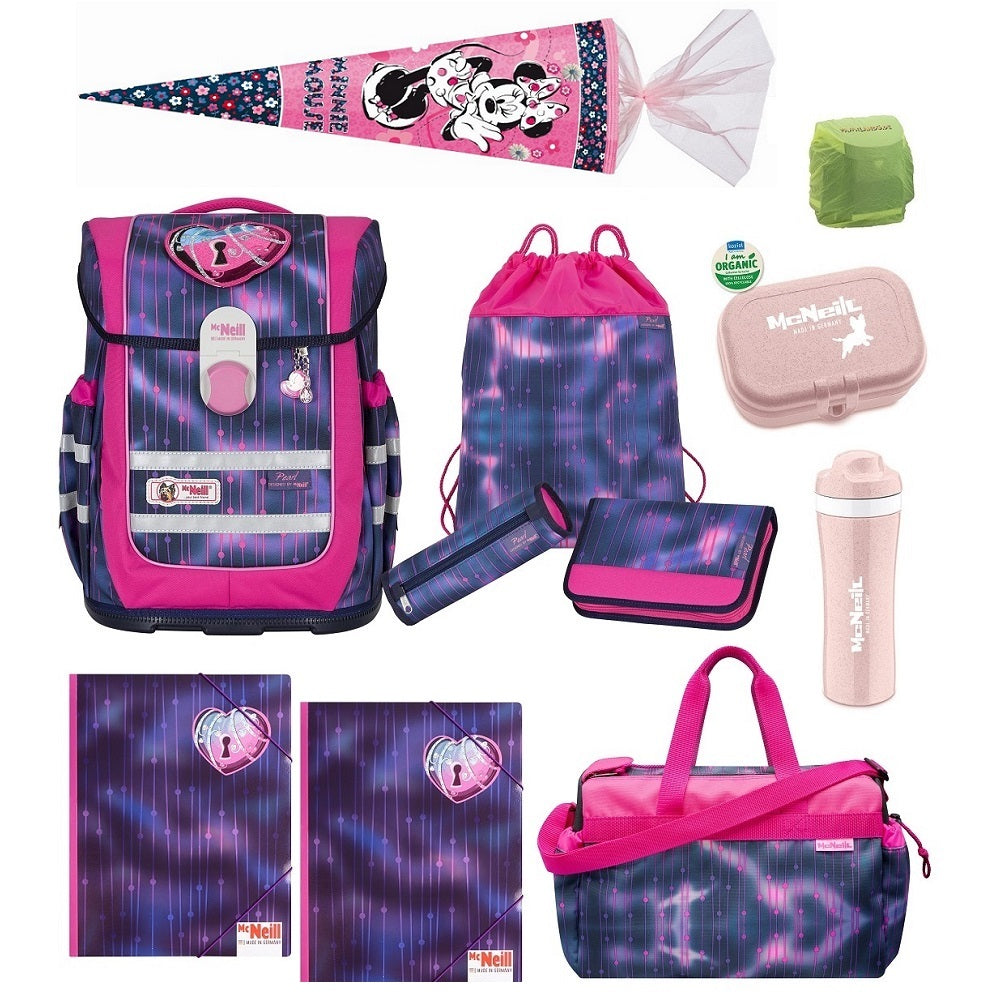 Pink Lila Schulranzen von McNeill im 5-teilige Set mit Motivmagnet, Federmappe, Schlamperrolle und Turnbeutel