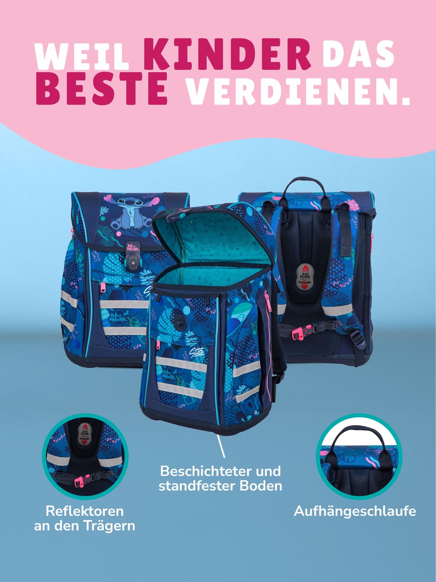 Infotafel Ergonomische Eigenschaften verstellbare Riemen am Schulranzen