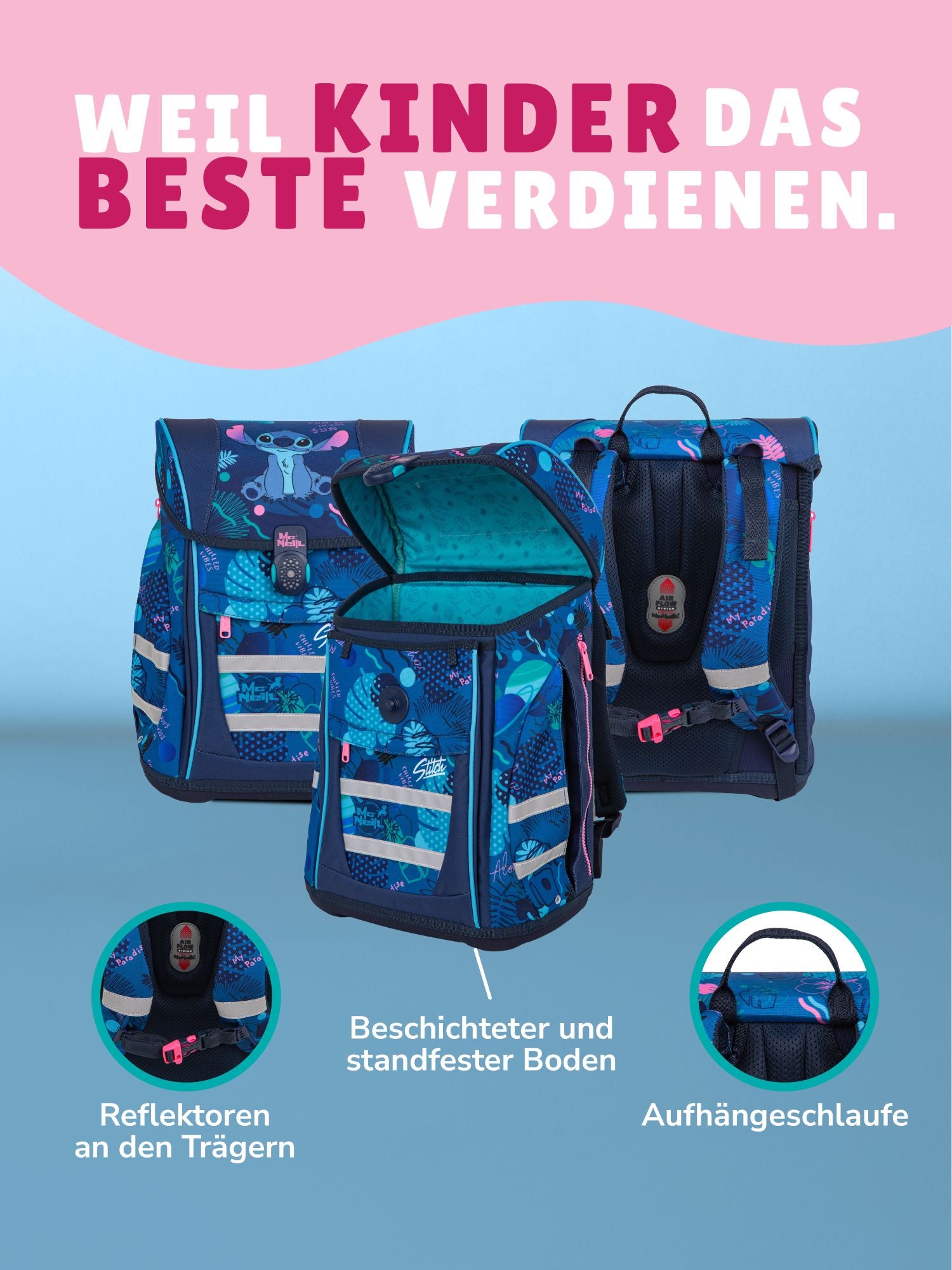 Infotafel Ergonomische Eigenschaften verstellbare Riemen am Schulranzen