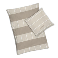  Bettwäsche beige mit dünnen weißen und breiten hellbraunen Streifen und MEXX Schriftzug auf Kopfkissen