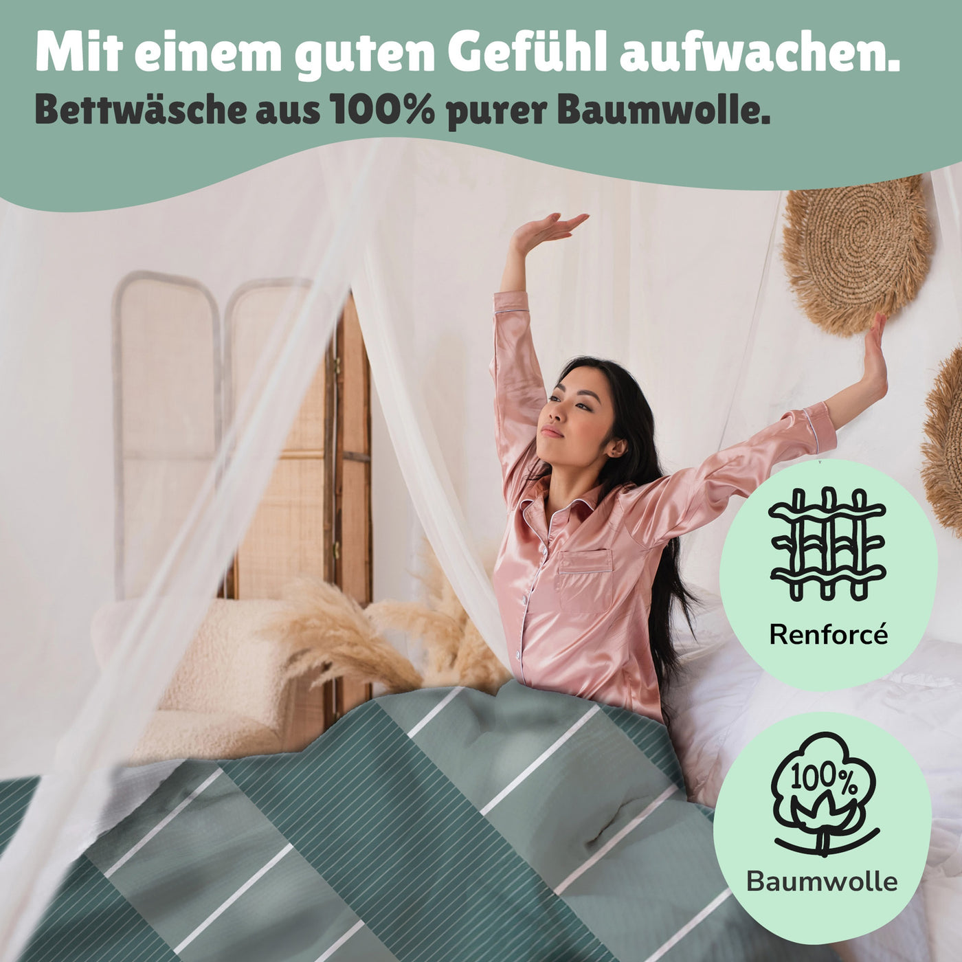 Infotafel Material und Waschhinweise der Bettwäsche aus 100% Baumwolle mit Reißverschluss 