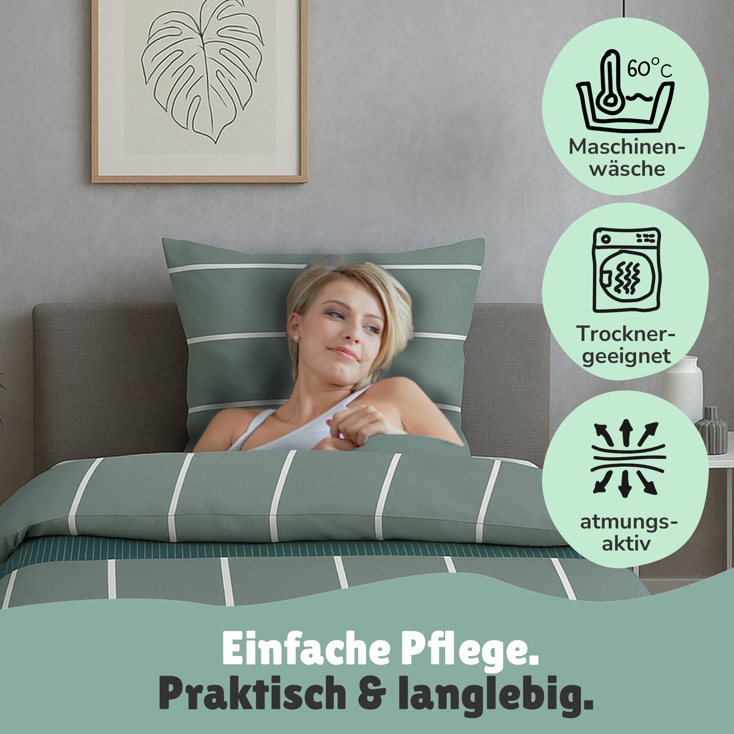 Hände halten pure Baumwolle vor grünem Hintergrund mit Öko-Tex Siegel