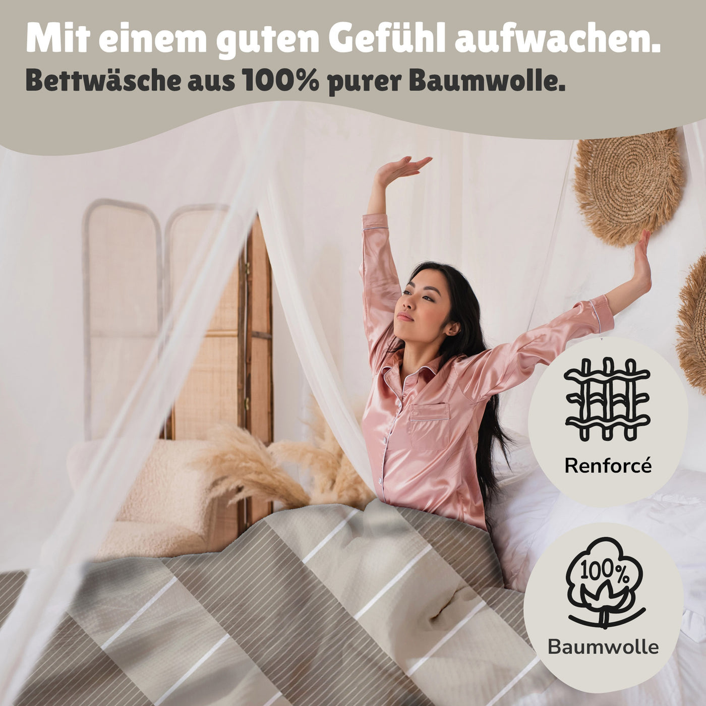  Infotafel Material und Waschhinweise der Bettwäsche aus 100% Baumwolle mit Reißverschluss