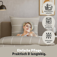 Frau kuschelt sich in beige Mexx Bettwäsche