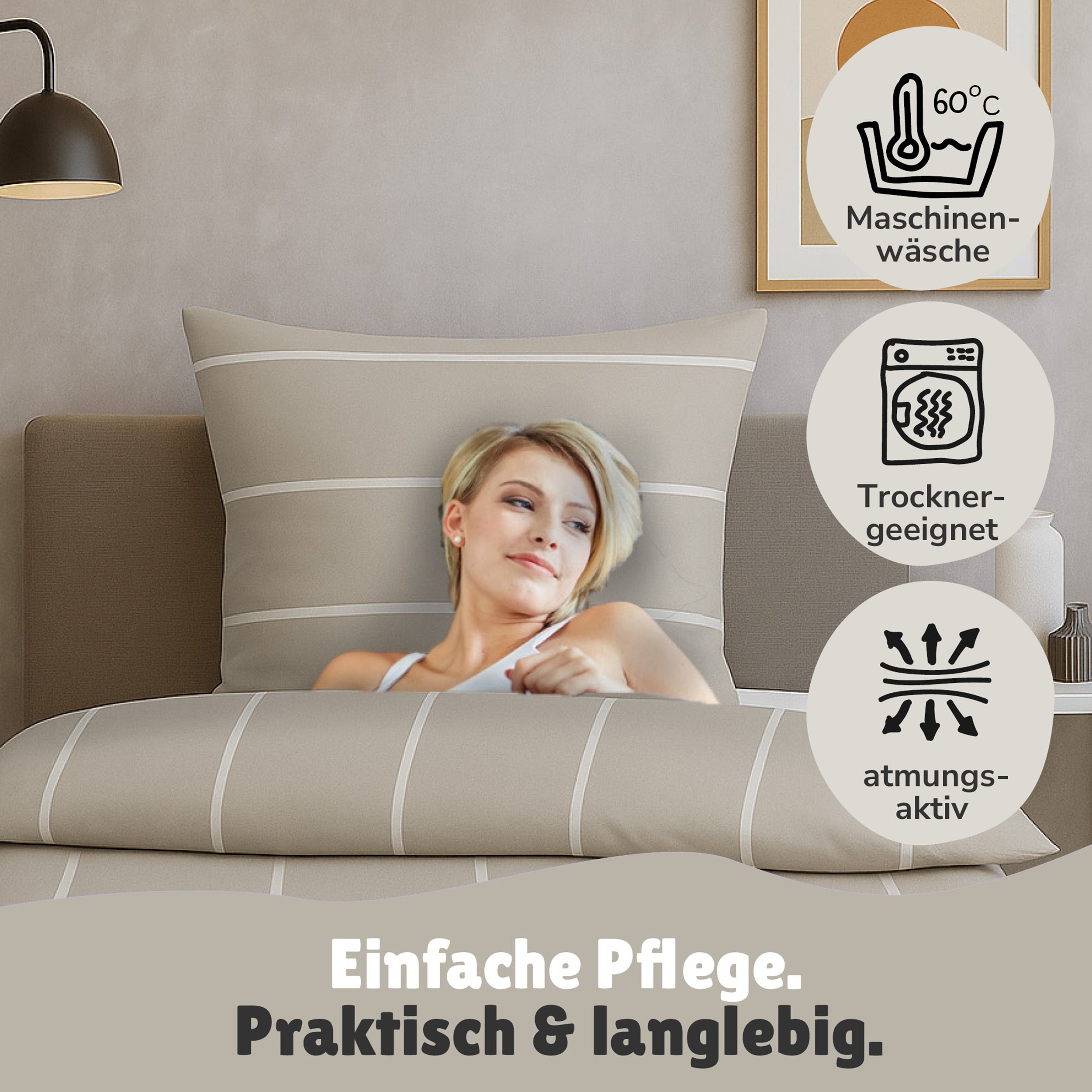 Frau kuschelt sich in beige Mexx Bettwäsche