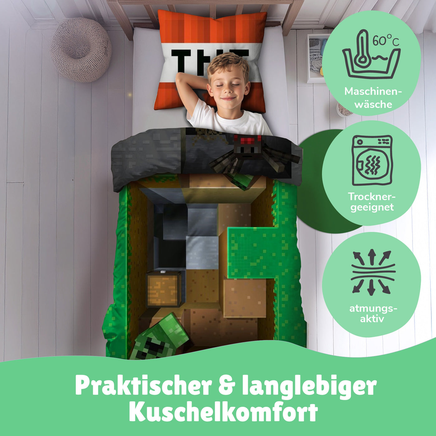 Junge schläft seelig lächeln in Minecraft Bettwäsche rechts Hinweise zur Pflege