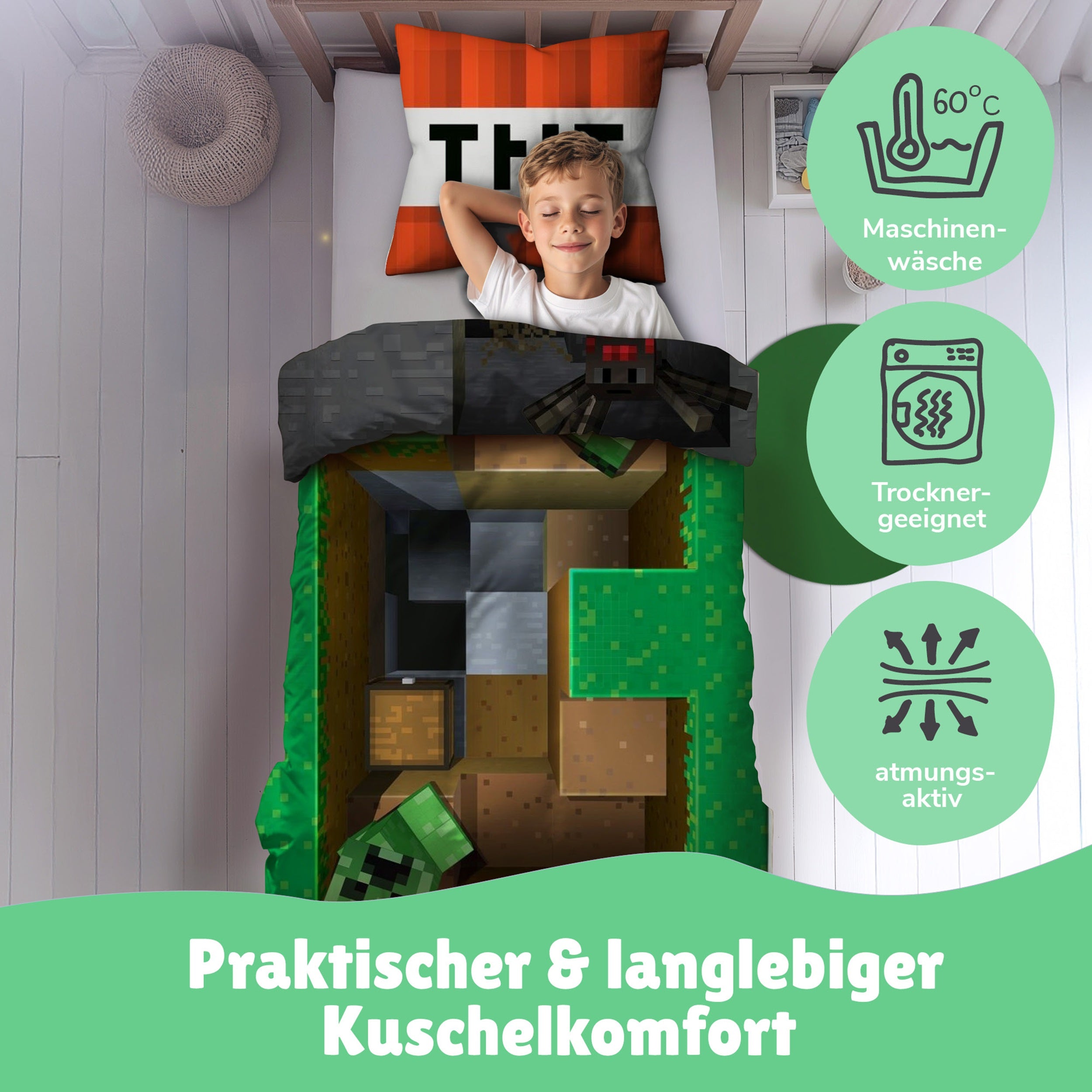 Junge schläft seelig lächeln in Minecraft Bettwäsche rechts Hinweise zur Pflege