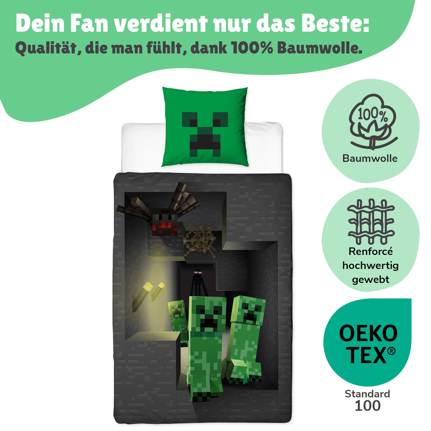 Rückseite freigestellt mit Hinweisen zum Material, 100% Baumwolle