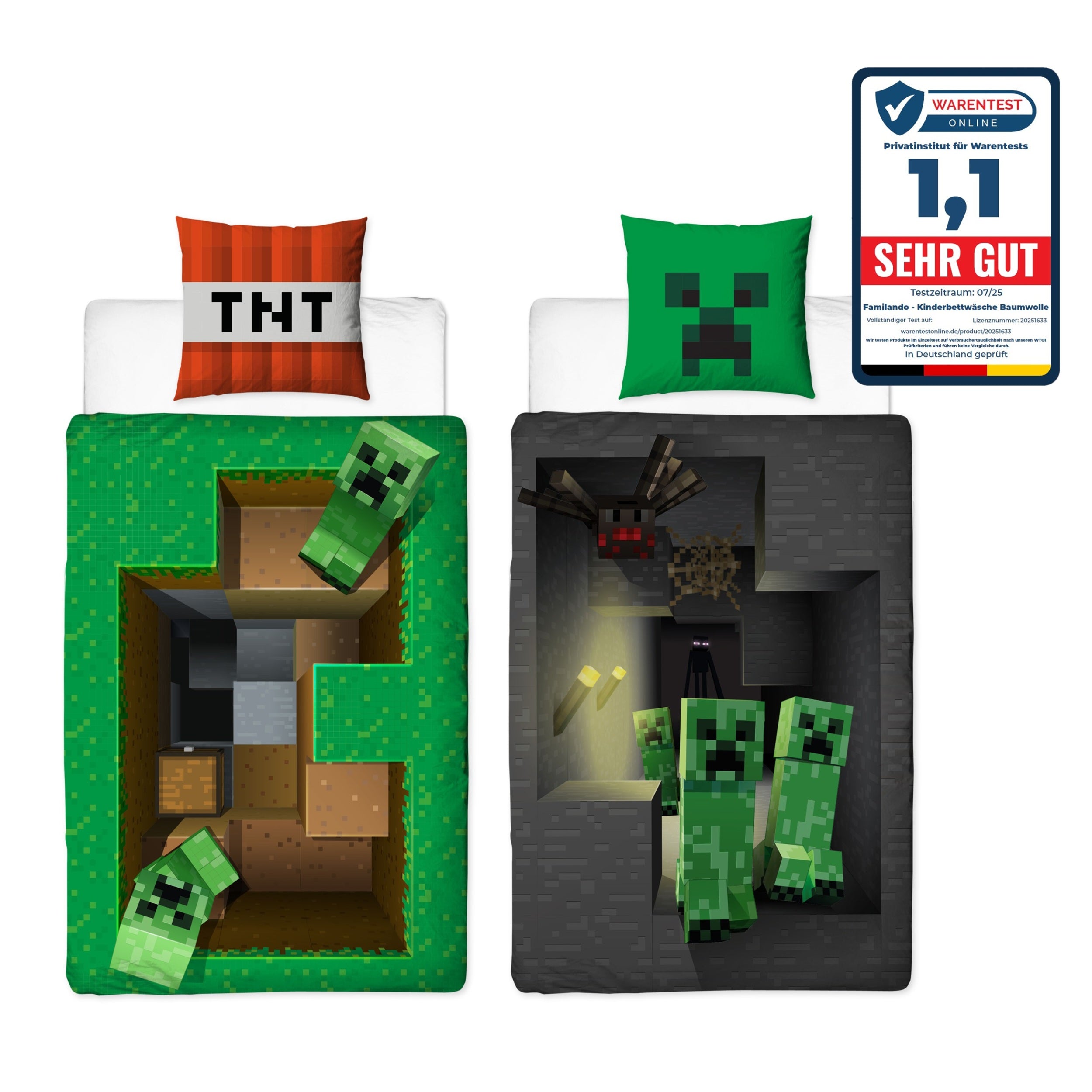 Beide Seiten der Bettwäsche vor weißem Grund mit Note 1,1 von Warentest Online