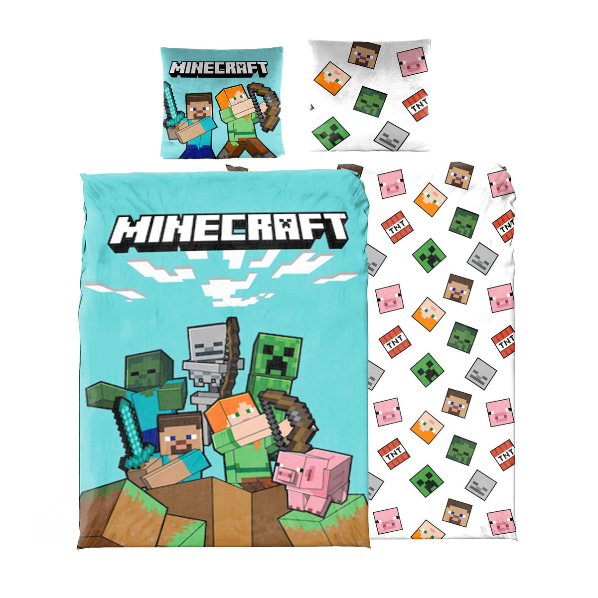 Vorder- und Rückseite Minecraft Bettwäsche nebeneinander