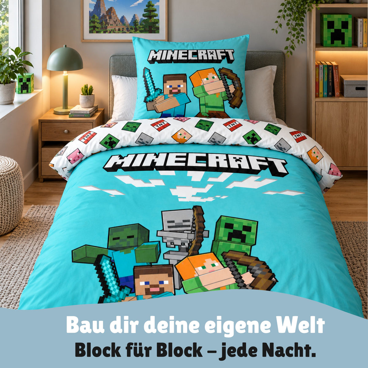 Vorderseite Minecraft Bettwäsche mit wichtigen Charakteren auf grün blauem Grund aufs Bett gezogen und Minecraft Schriftzug auf Kopfkissen