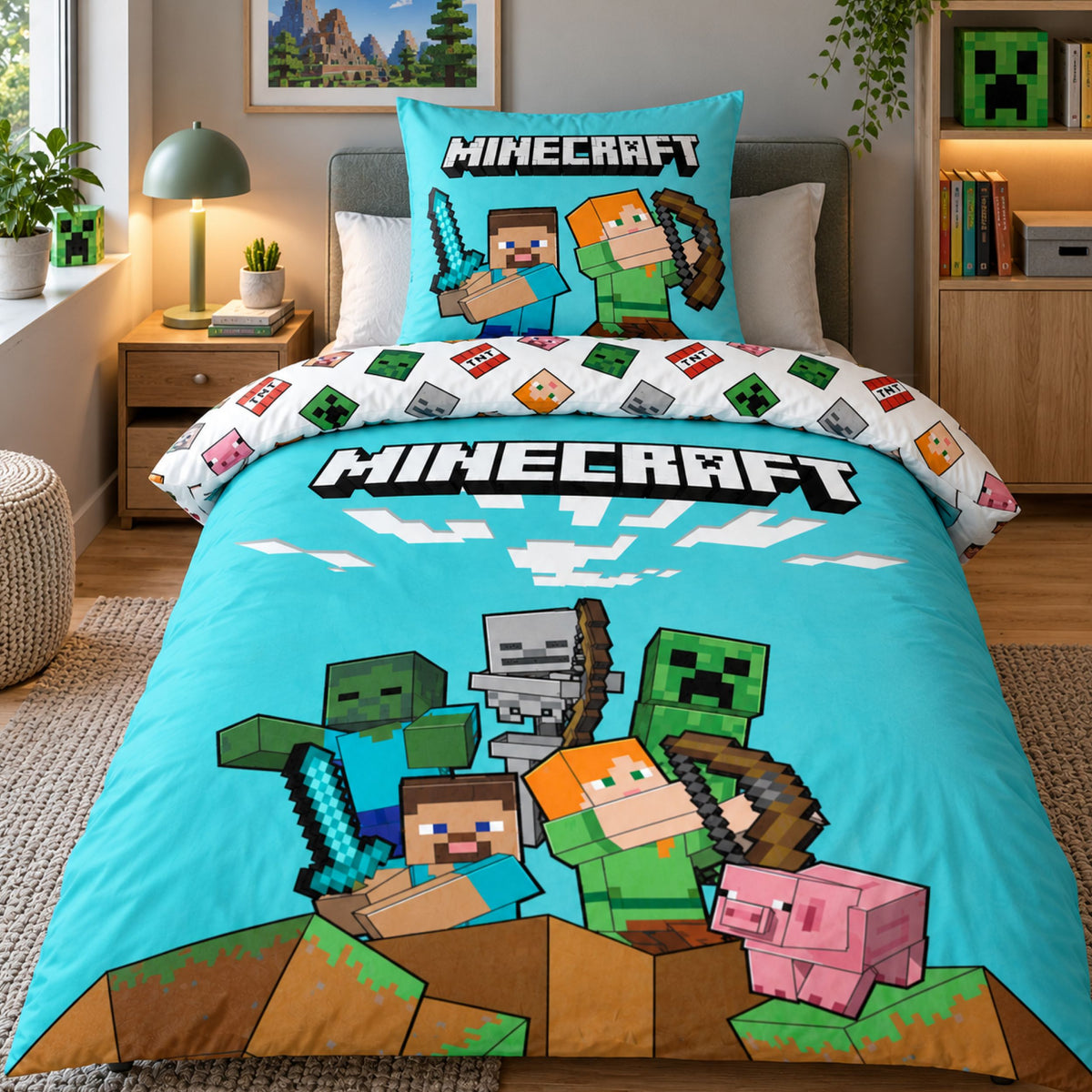 Minecraft Bettwäsche 135x200 80x80 cm 100% Baumwolle mit Reißverschluss