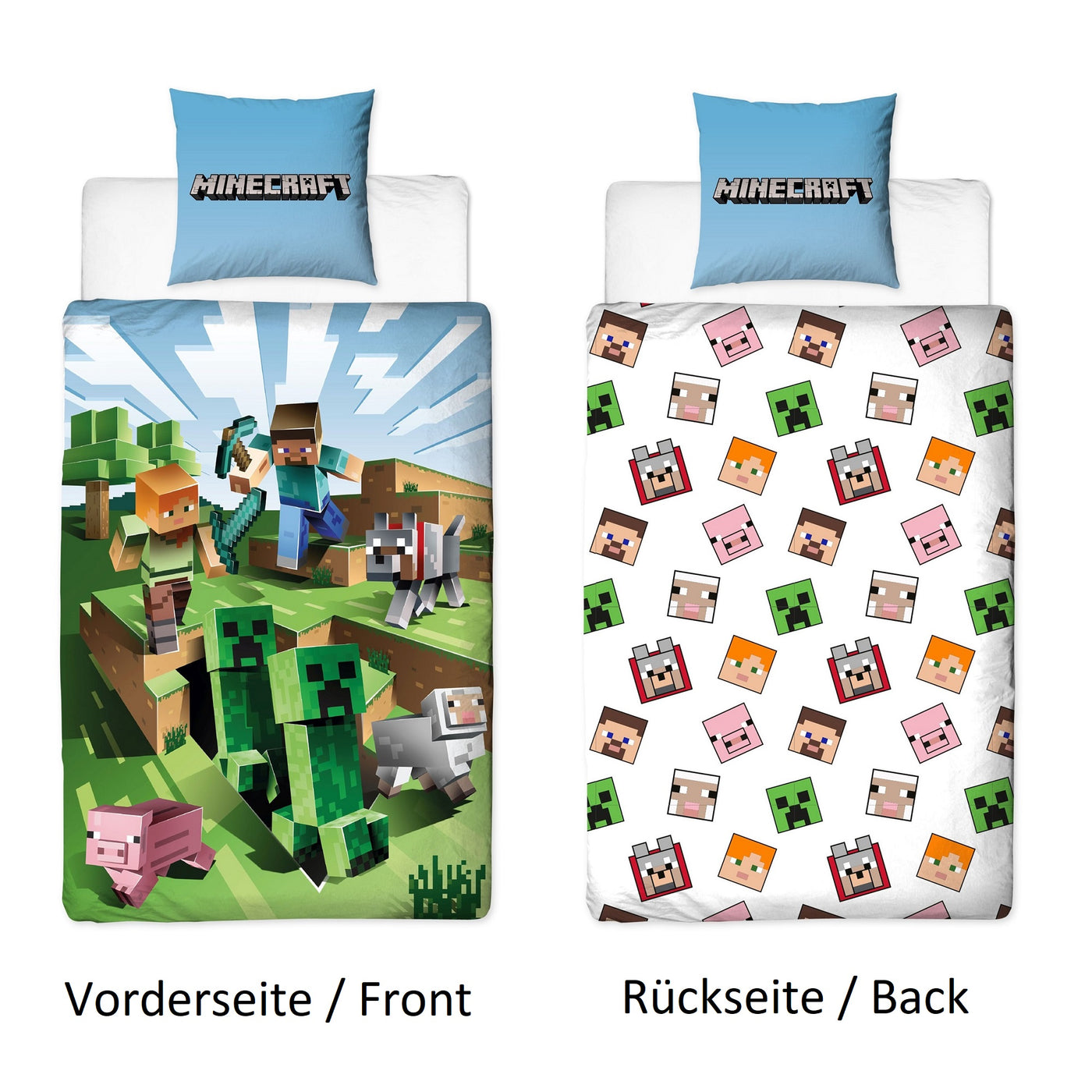 Vorder- und Rückseite Minecraft Bettwäsche nebeneinander mit text beschriftet in weiß und bunten Figuren 135x200 cm