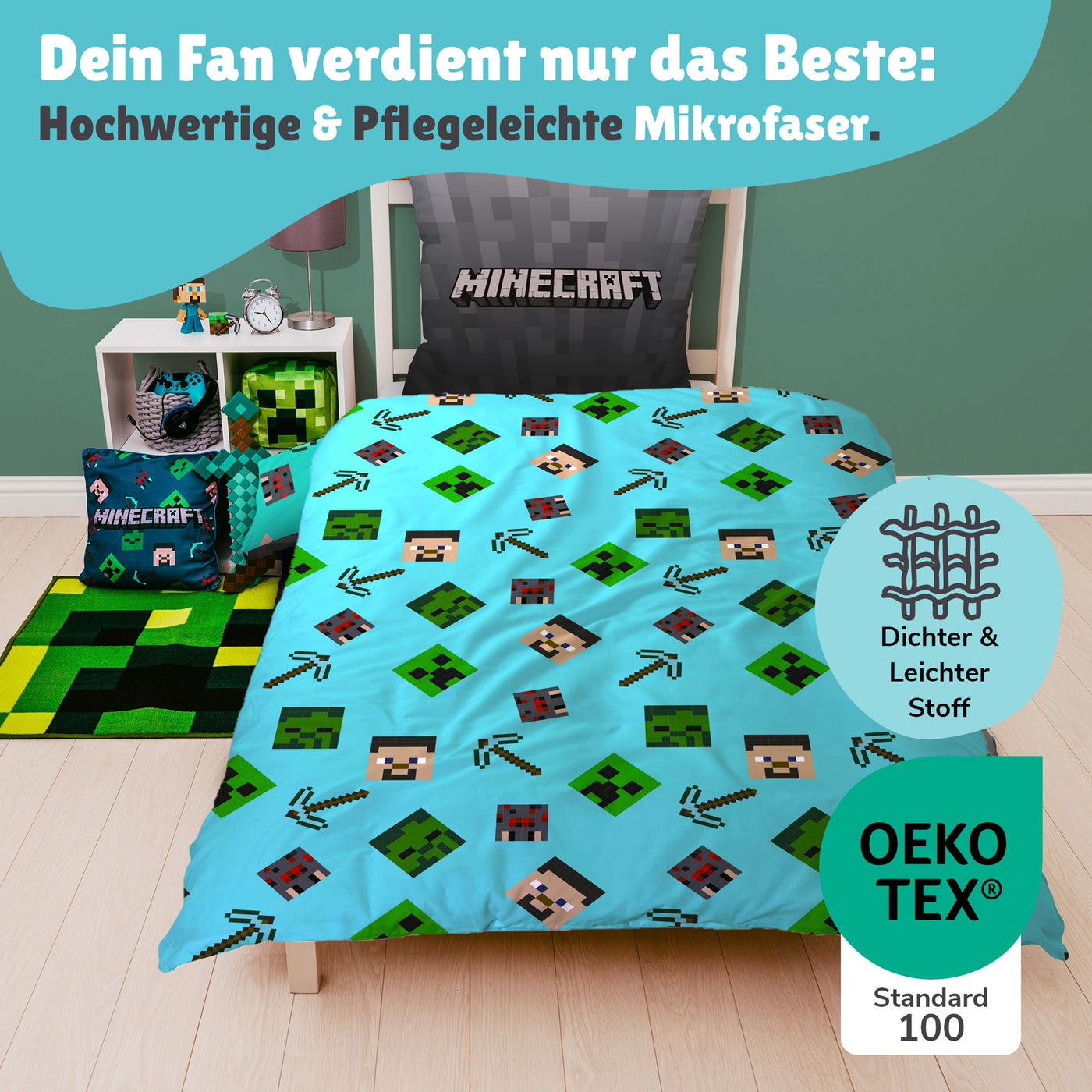 Rückseite der Bettwäsche in türkis mit Muster aus Köpfen und Spitzhacken auf Bett gezogen, rechts Öko-Tex Siegel