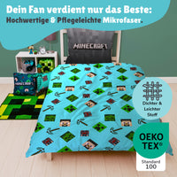 Rückseite der Bettwäsche in türkis mit Muster aus Köpfen und Spitzhacken auf Bett gezogen, rechts Öko-Tex Siegel