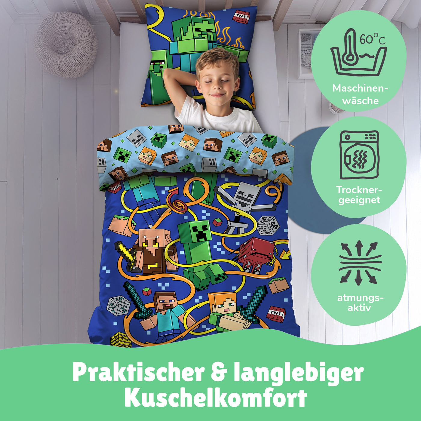 Infotafel Material und Waschhinweise Bettwäsche aus 100% Baumwolle mit Reißverschluss