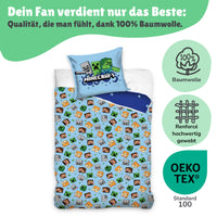 Minecraft Bettwäsche beide Seiten nebeneinander mit gemusterter hellblauer Rückseite