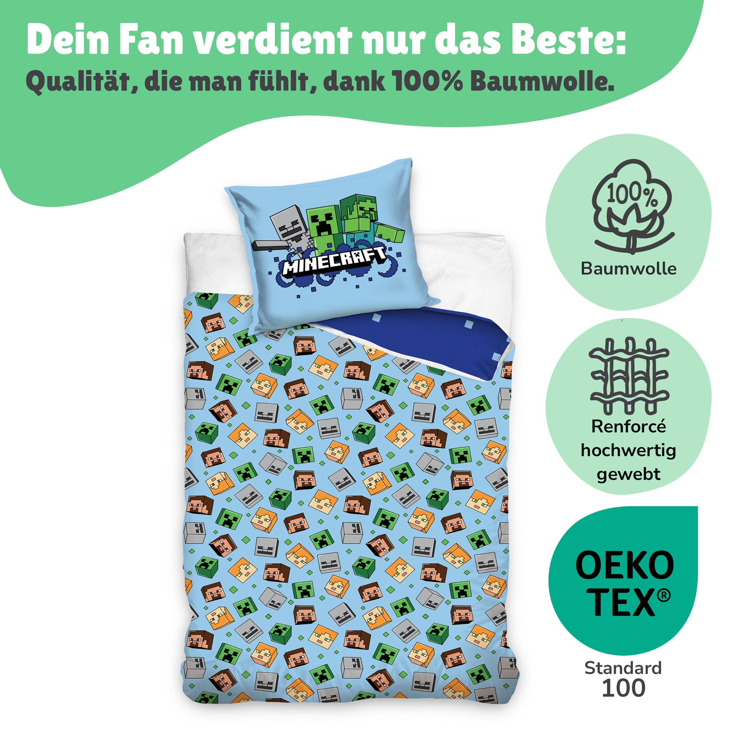 Minecraft Bettwäsche beide Seiten nebeneinander mit gemusterter hellblauer Rückseite