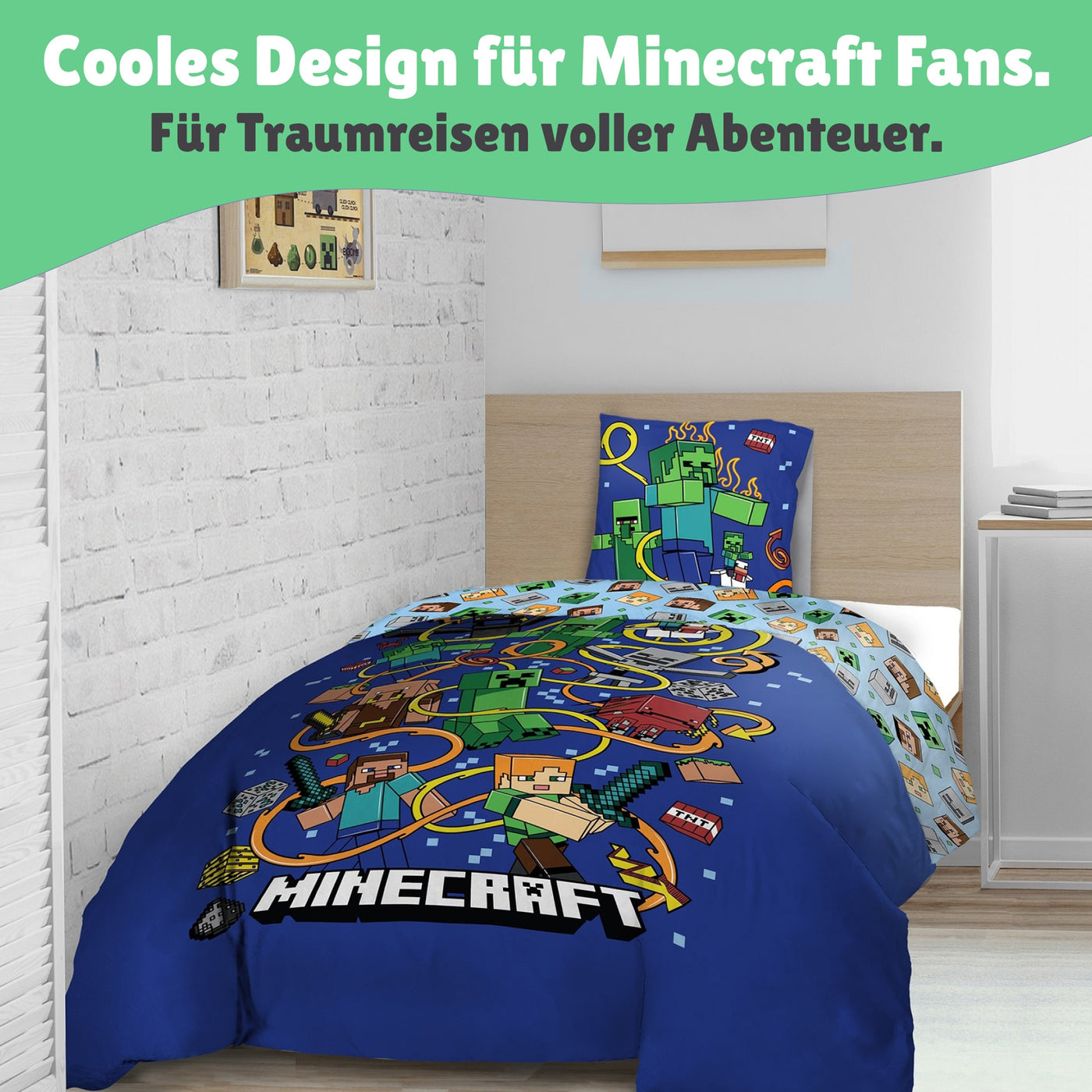 Hellblaue Rückseite der Minecraft Bettwäsche mit Muster aus Köpfen in Block-Form