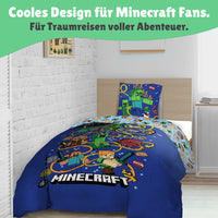 Hellblaue Rückseite der Minecraft Bettwäsche mit Muster aus Köpfen in Block-Form