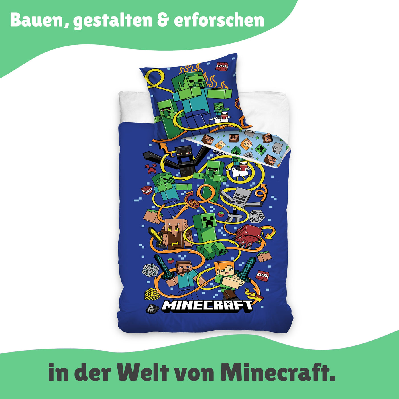 Vorder und Rückseite der Bettwäsche nebeneinander dargestellt und mit Text beschriftet