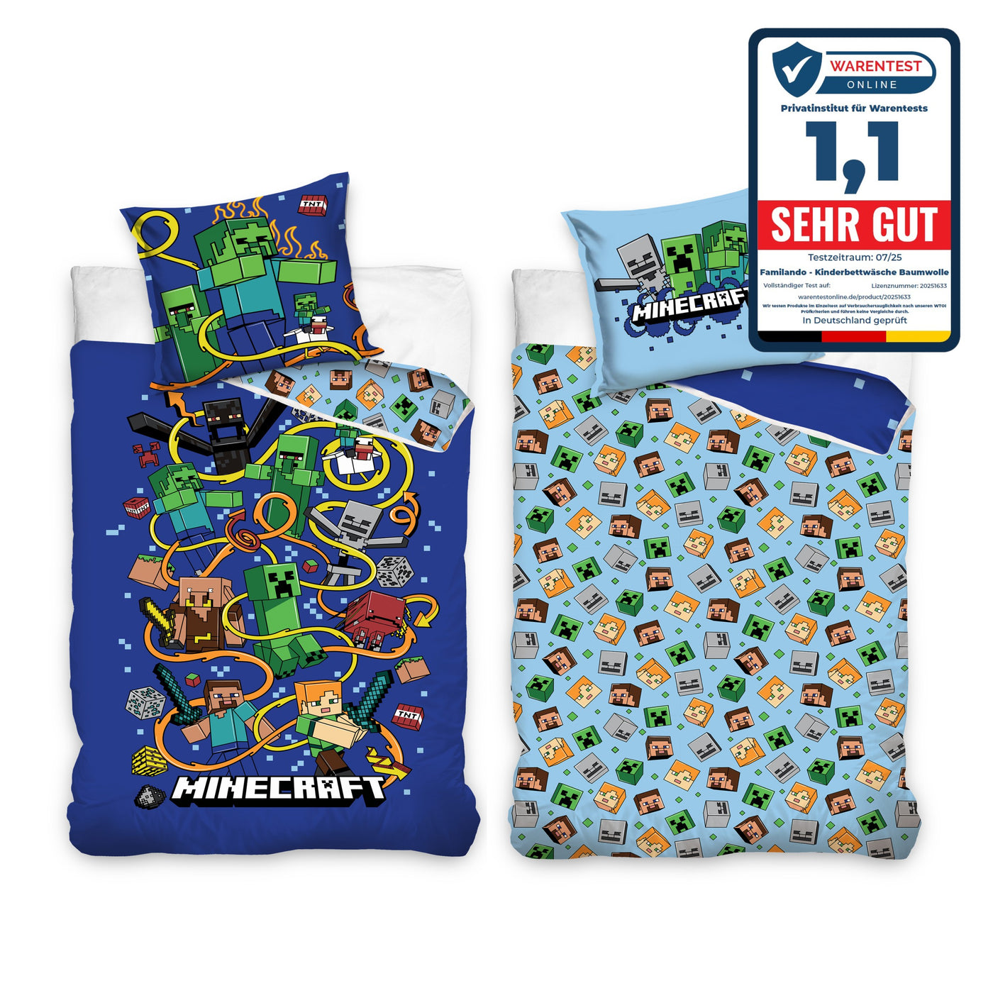 Minecraft Bettwäsche Set "Slurp" 2-teilig 135x200 80x80 cm - Renforcé Bettwäsche aus 100% Baumwolle mit Reißverschluss - maschinenwaschbar, Öko-Tex