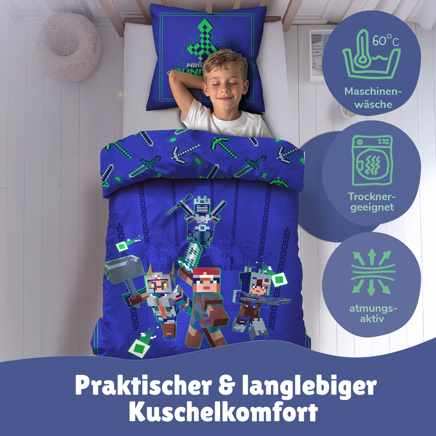 Junge schläft seelig lächeln in Minecraft Bettwäsche