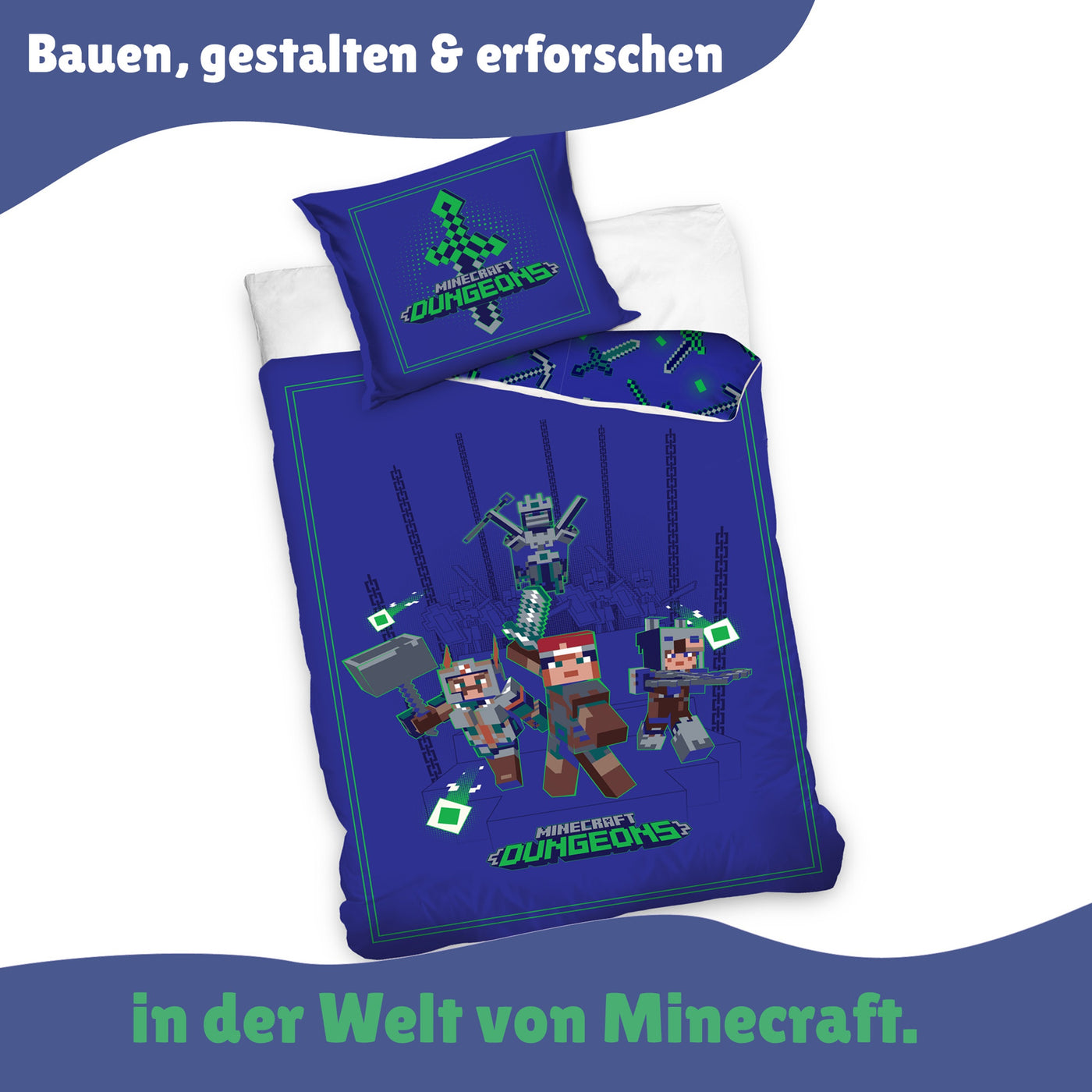 Vorderseite der Minecraft Bettwäsche vor weißem Grund