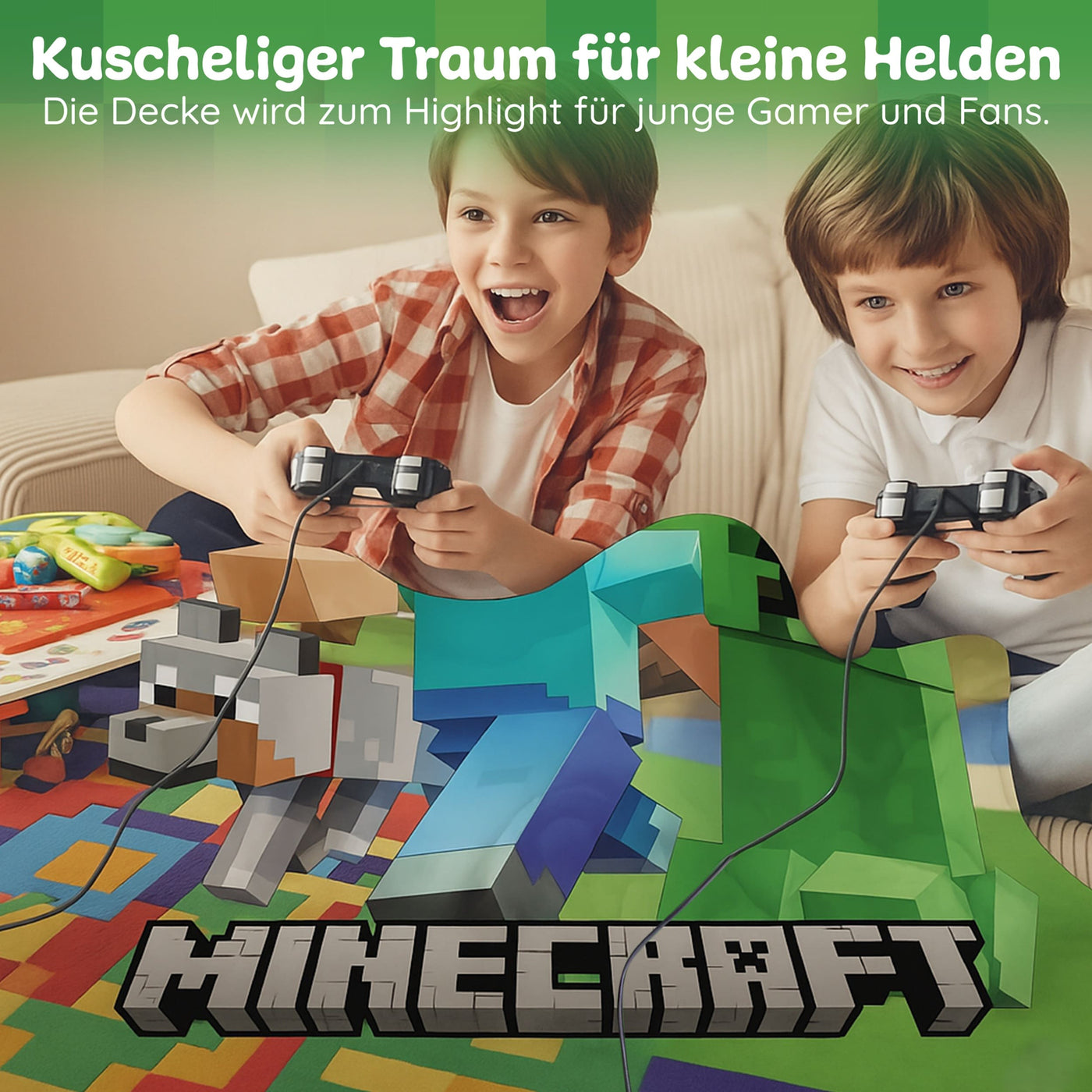 Infotafel Material und Waschhinweise der Minecraft Kuscheldecke