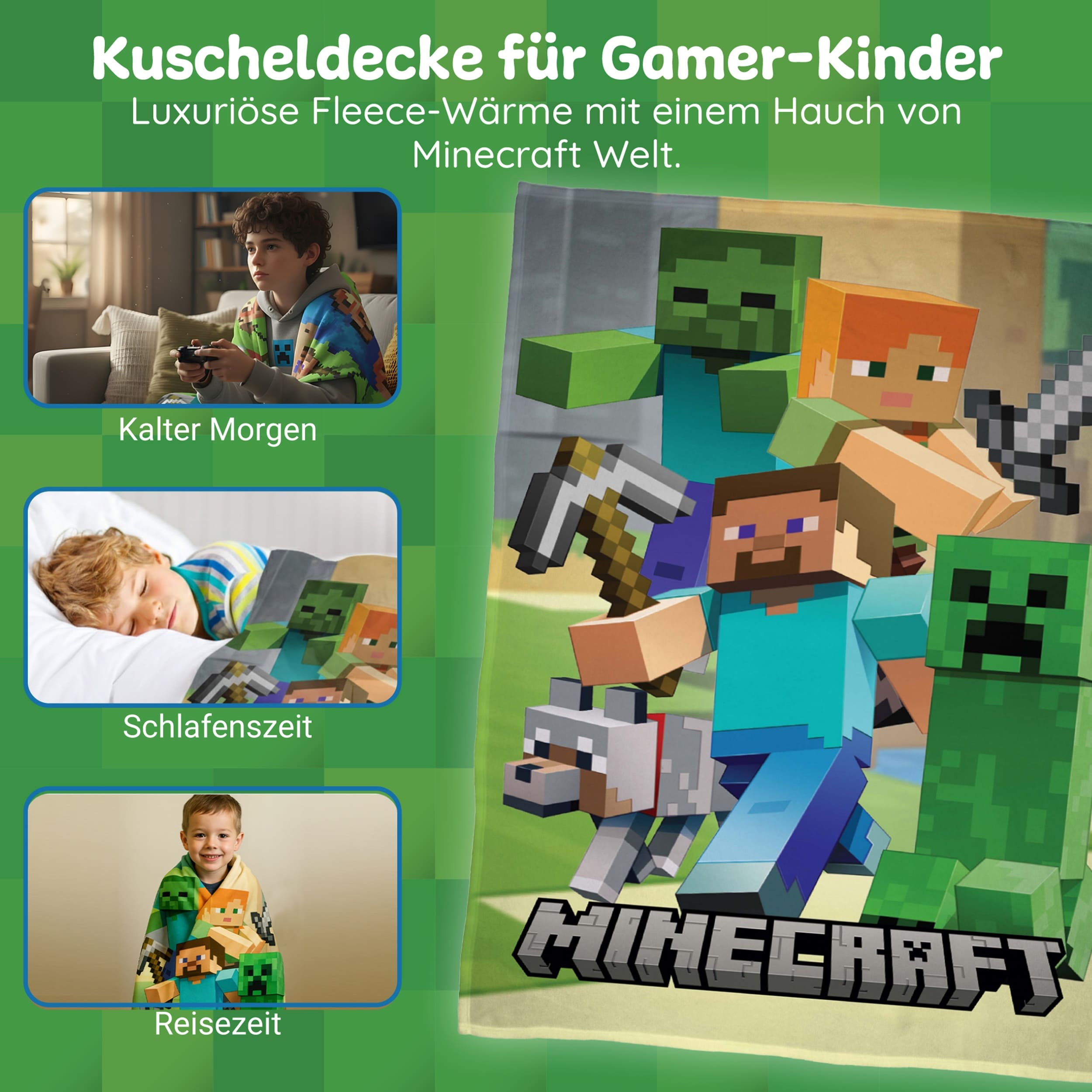 Minecraft Tagesdecke XL 160 x 200 cm - Überwurfdecke für Gamer - Kuscheldecke für Jungen in Fleece-Qualität, extra flauschig und groß